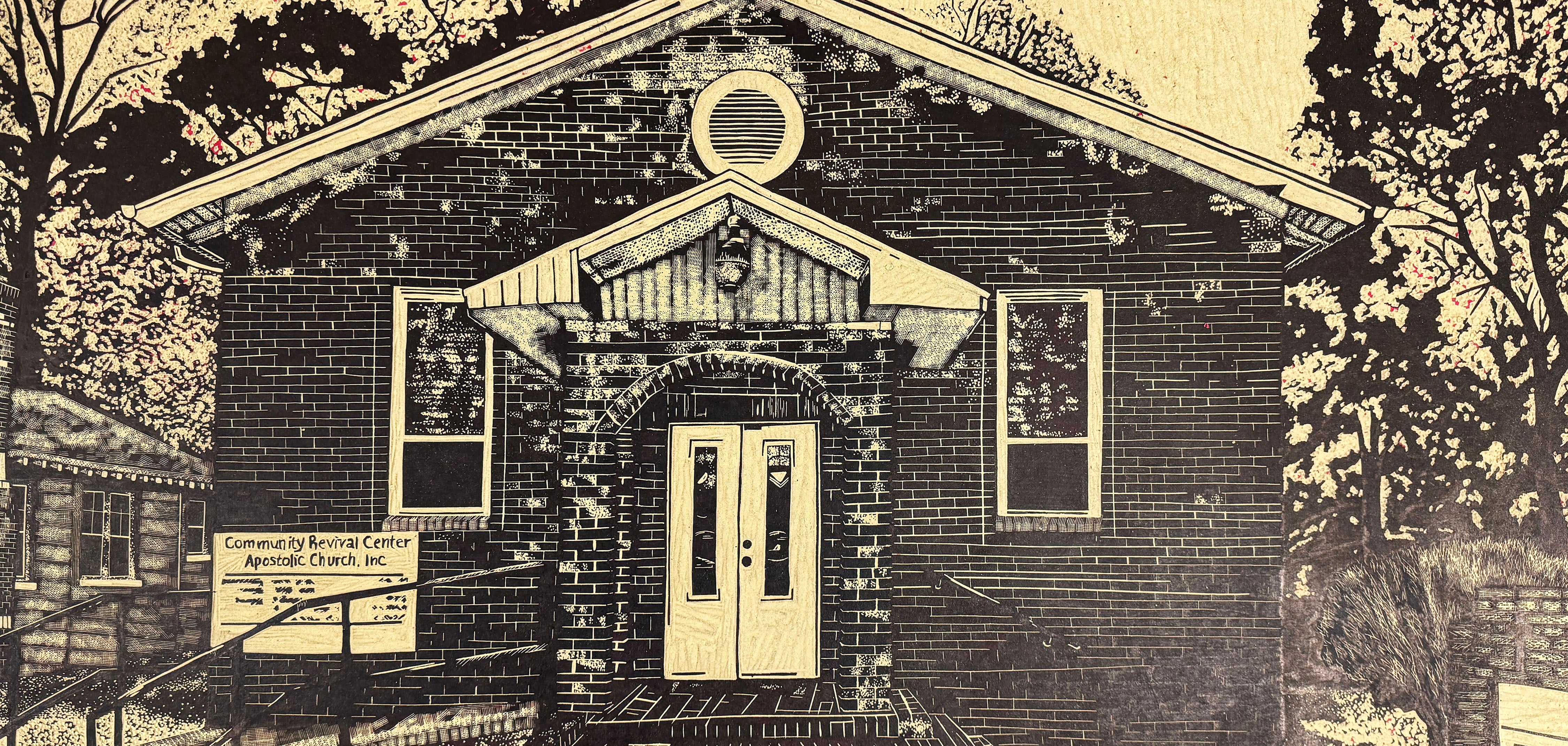 A large-scale black and white woodcut of the artist family’s brick church in Jacksonville, Florida. 