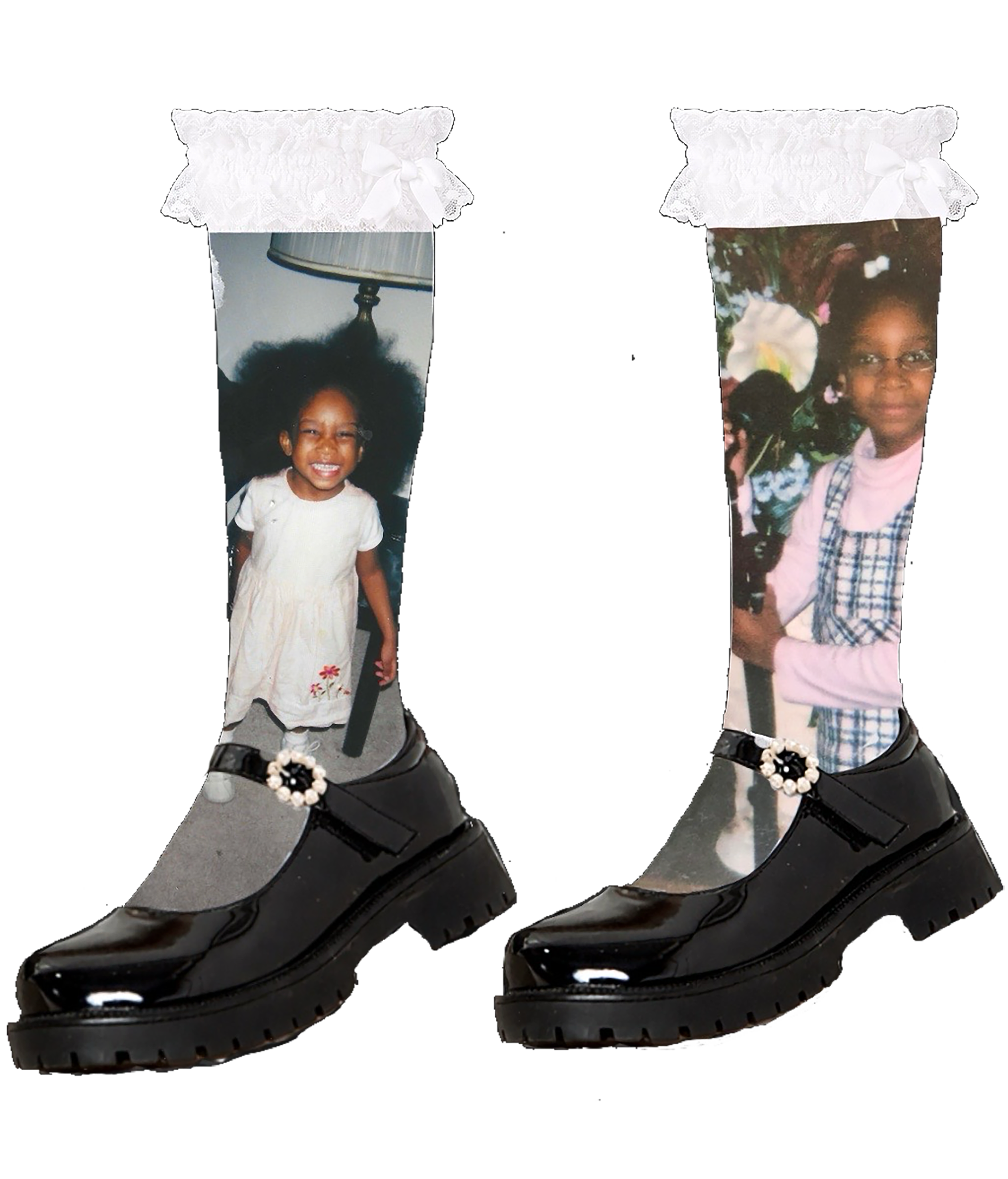 Two socks with images of the artist as a child preparing for church. Socks topped with white lace; black leather shoes with jeweled flower buckle. 
