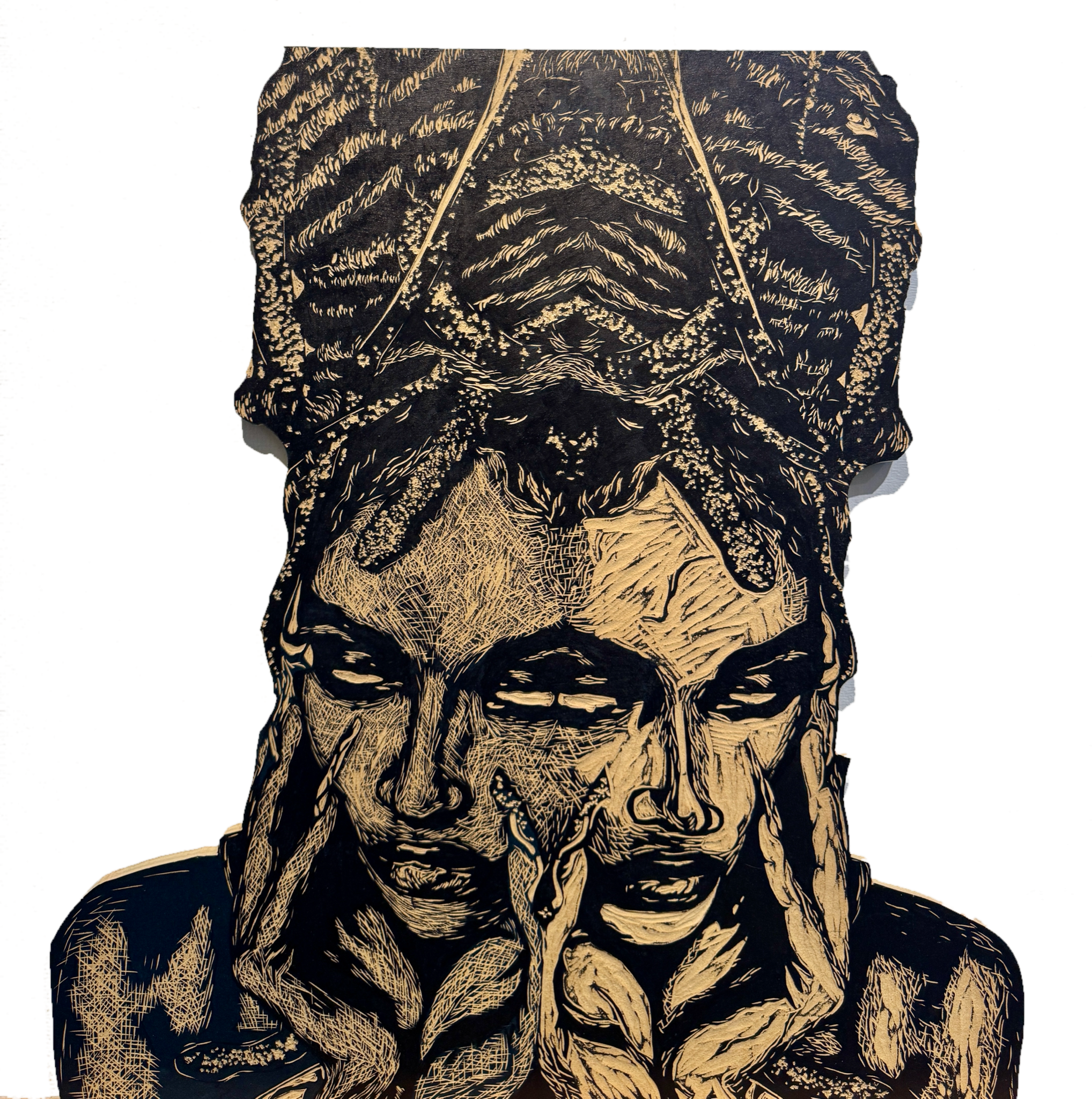 Black-and-white woodcut of a woman split in two, with white eyes and a crown of serpents. 