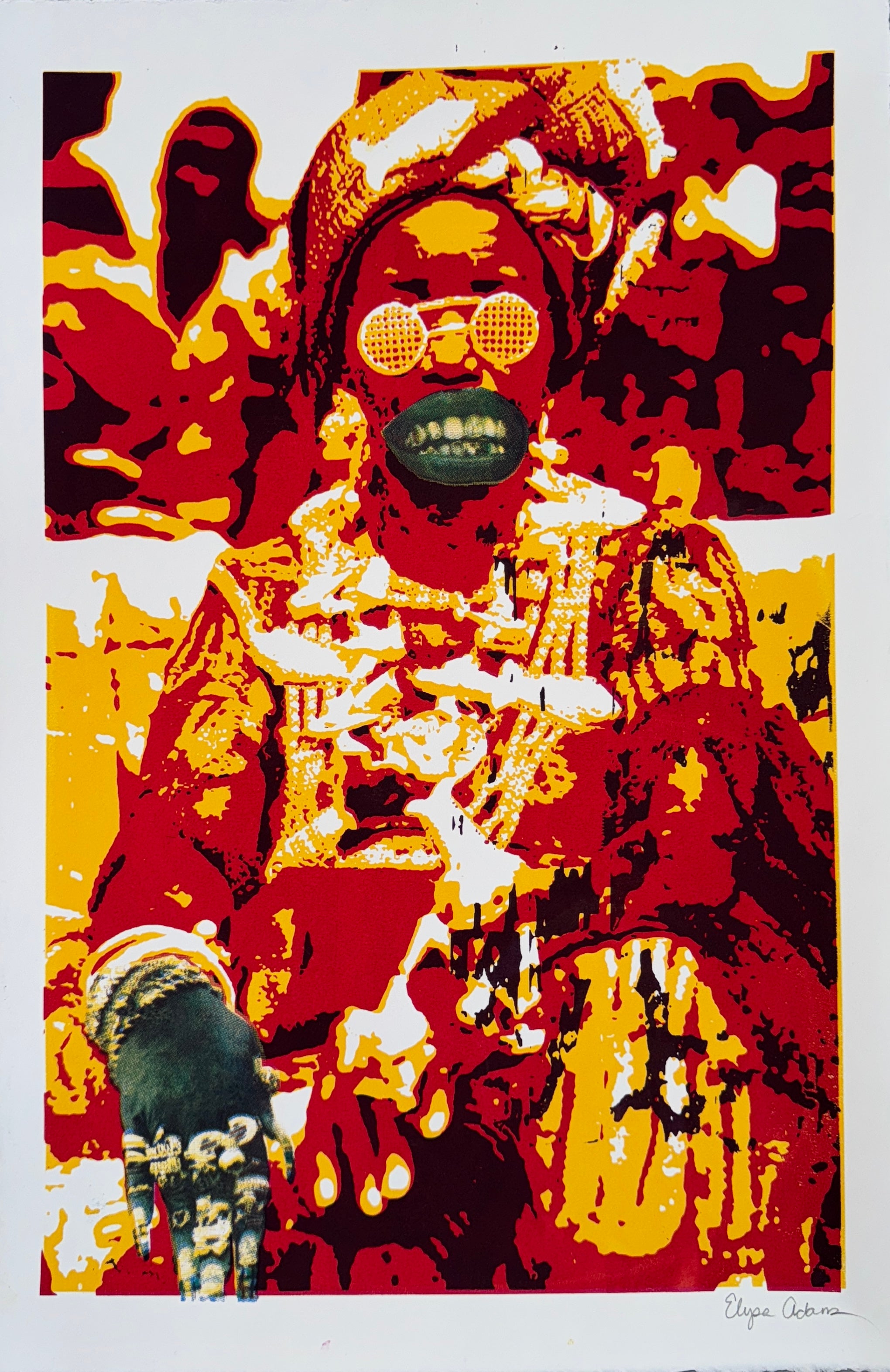 Red, white, gold, and blue screenprint of an Asante woman seated on a throne, adorned with jewelry on her hands and in her mouth.