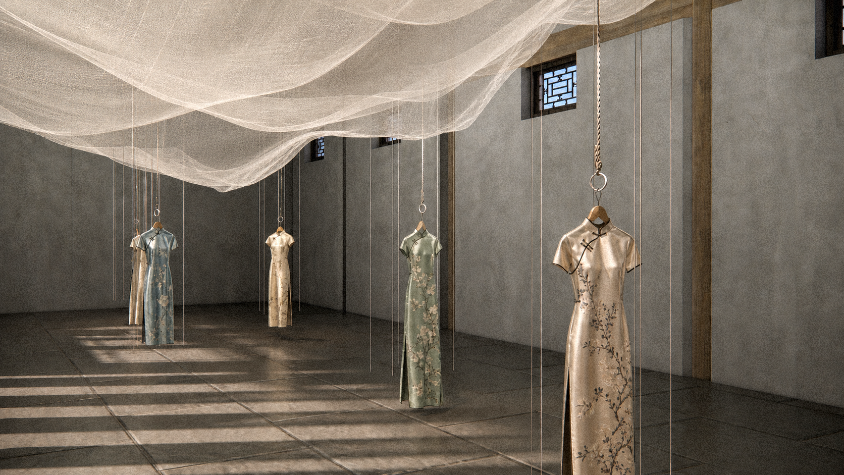 Five silk qipao dresses in muted blue, green, and gold hang suspended in a dim room beneath a translucent fabric canopy, with soft light casting long shadows across the floor.