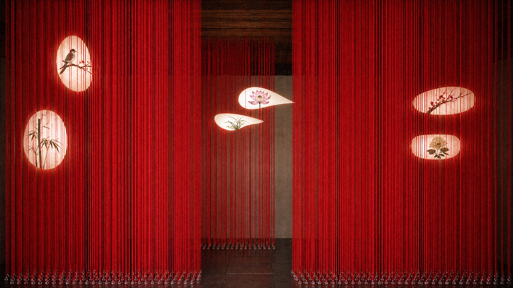 Immersive dense red silk threads hang like layered curtains, while revealing suspended glowing lamps with Chinese traditional embroidery of birds and flowers.
