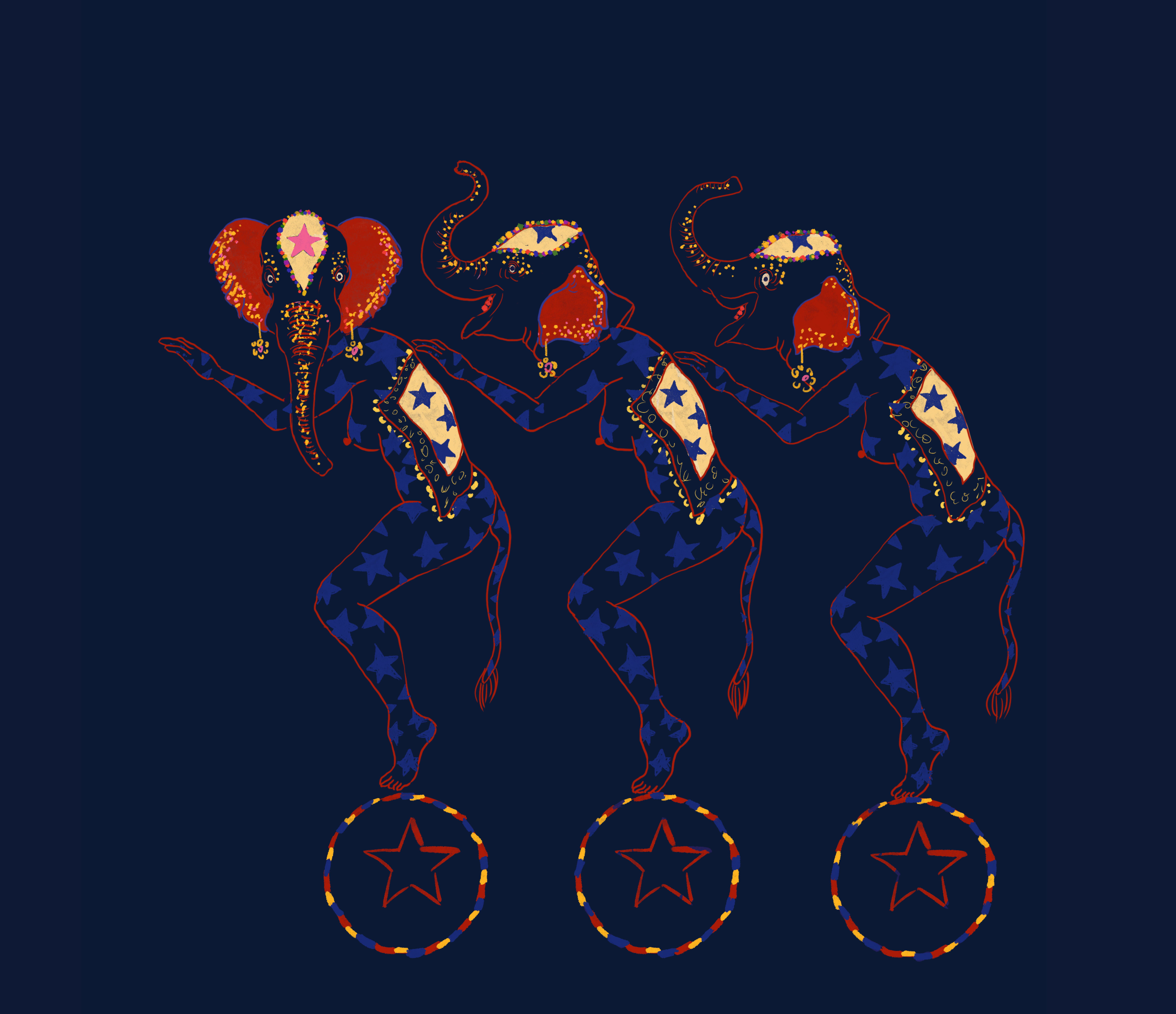 Three repetitive circus elephants in female bodies.