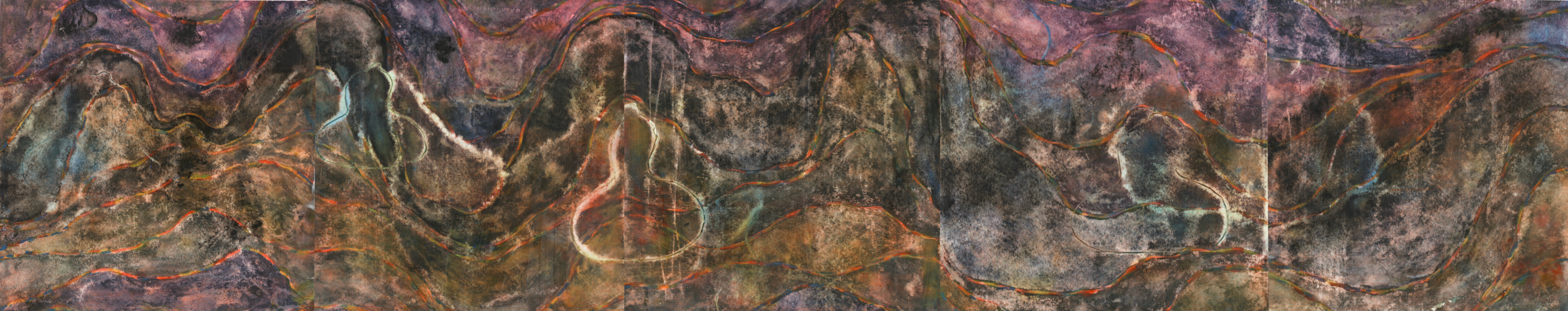 Five purple encaustic paintings on five wood blocks.