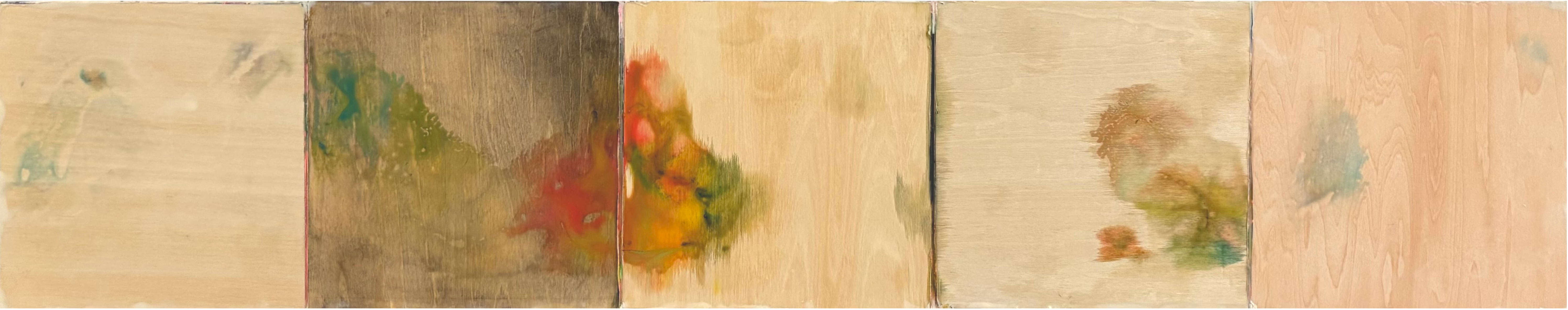 Five yellowish encaustic paintings on five wood blocks.