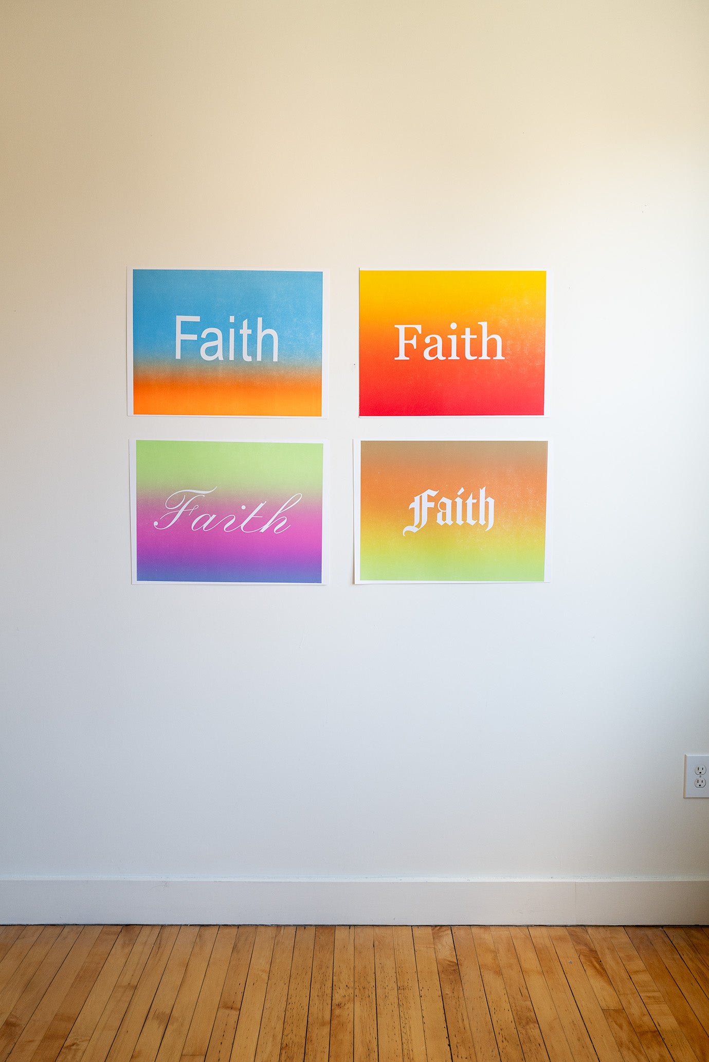 A print series layering unique hand-pulled gradients with the shared name "Faith" in varying typefaces — forming a collective portrait of strangers united by four letters, each carrying the name differently.