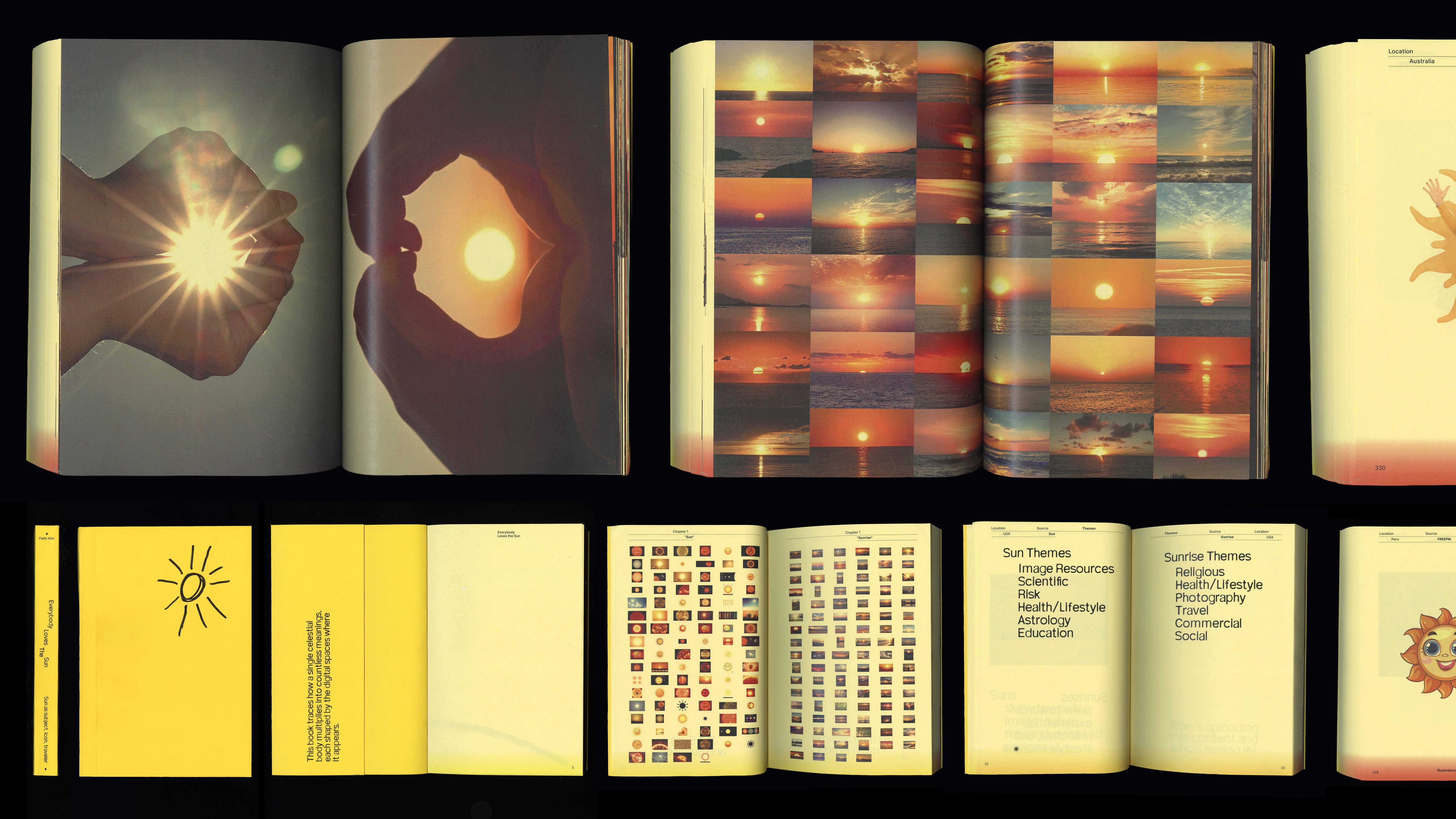 Over a thousand sunrise images scraped from Google across national domains, each traced to its source — revealing how one celestial subject fractures into countless meanings shaped by where it lives online.