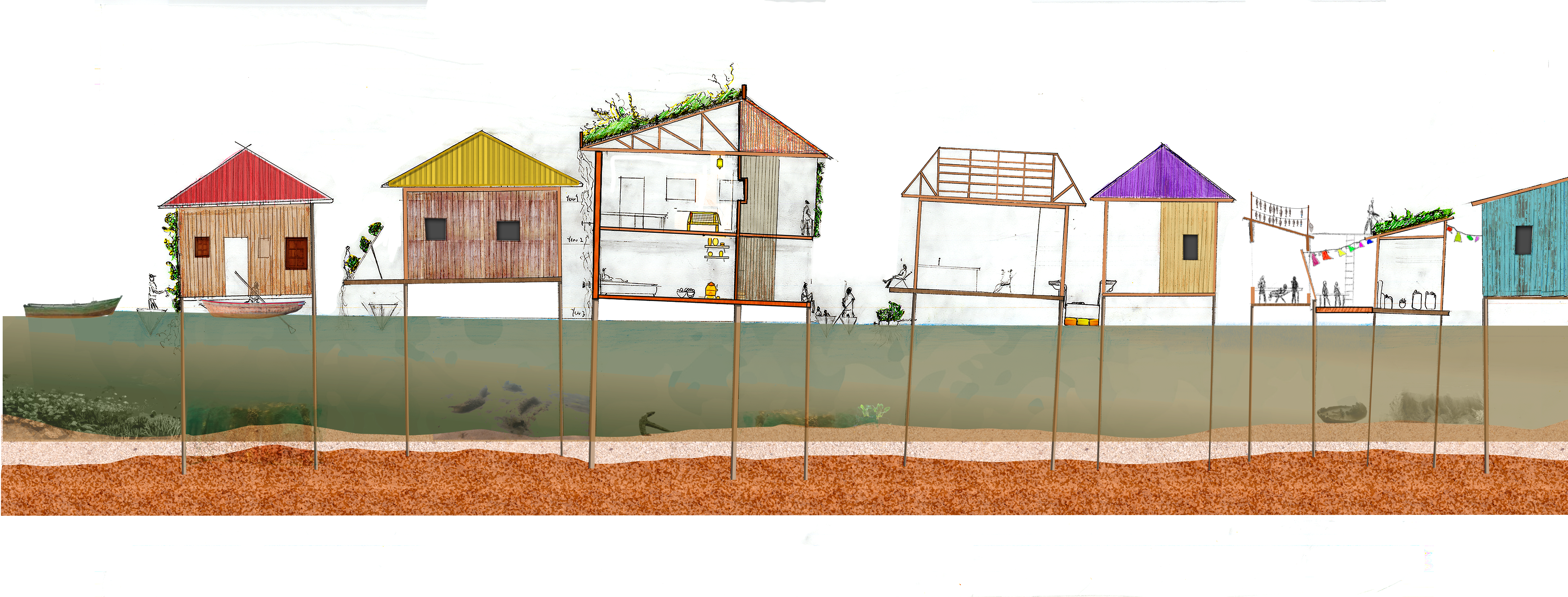 Cross-section of Makoko stilt houses in Lagos, including a red, yellow, and purple-roofed dwelling, a sectioned two-story building with green roof, and communal decks over layered floodwater and soil.