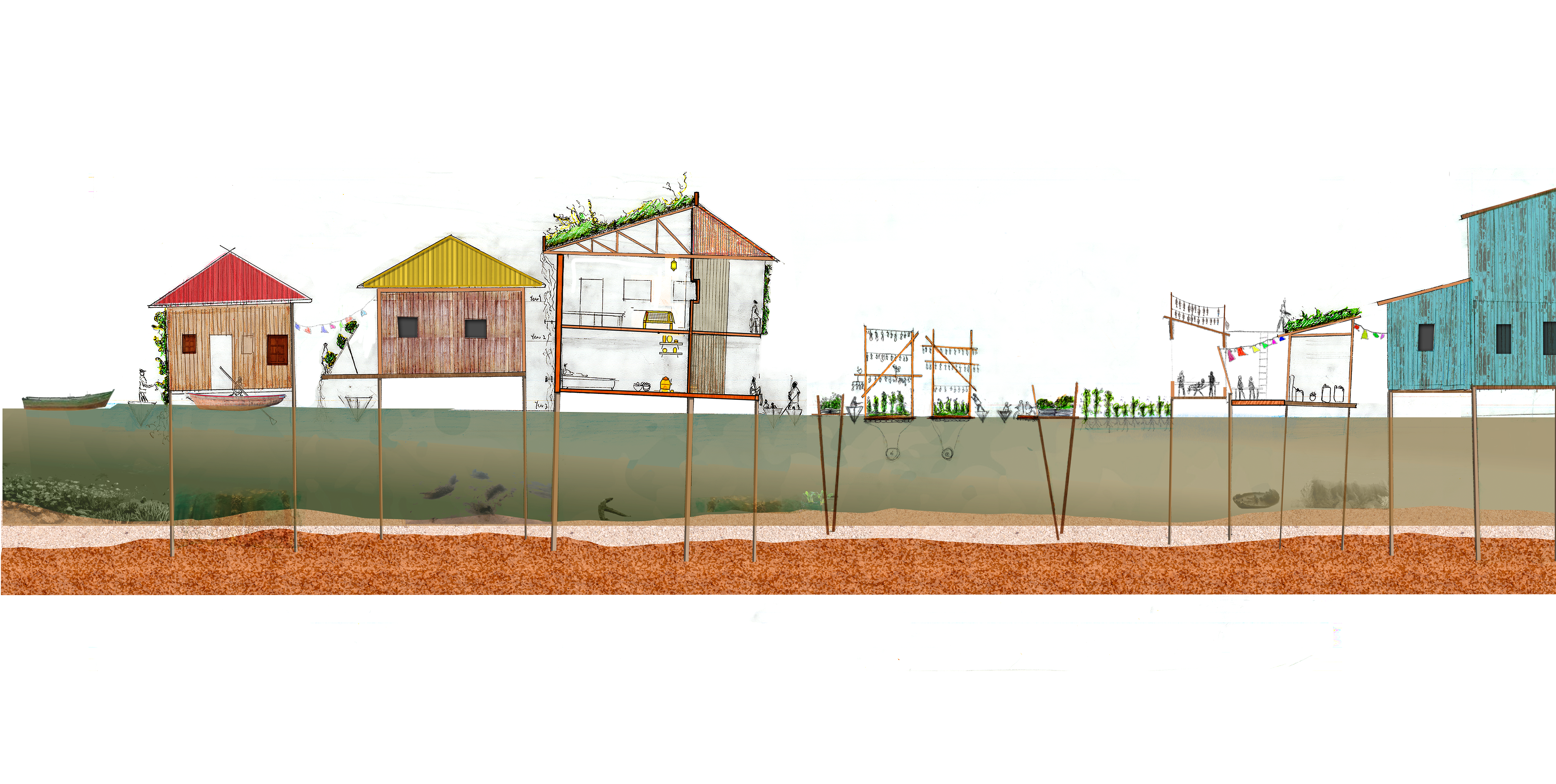 Cross-section drawing of Makoko stilt community showing colorful houses, a sectioned two-story building with green roof, aquaculture frames, and community gardens, all elevated on timber piles above layered floodwater and laterite soil.