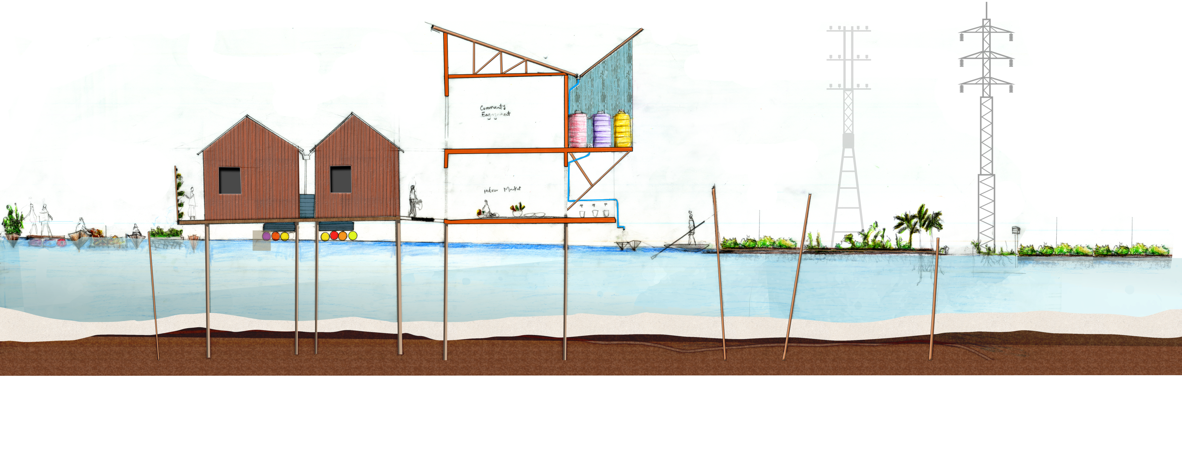 Cross-section of a Makoko waterway showing two red timber stilt houses, a sectioned community facility with coloured water storage tanks, a floating market, canoes, vegetation, and overhead electricity pylons.