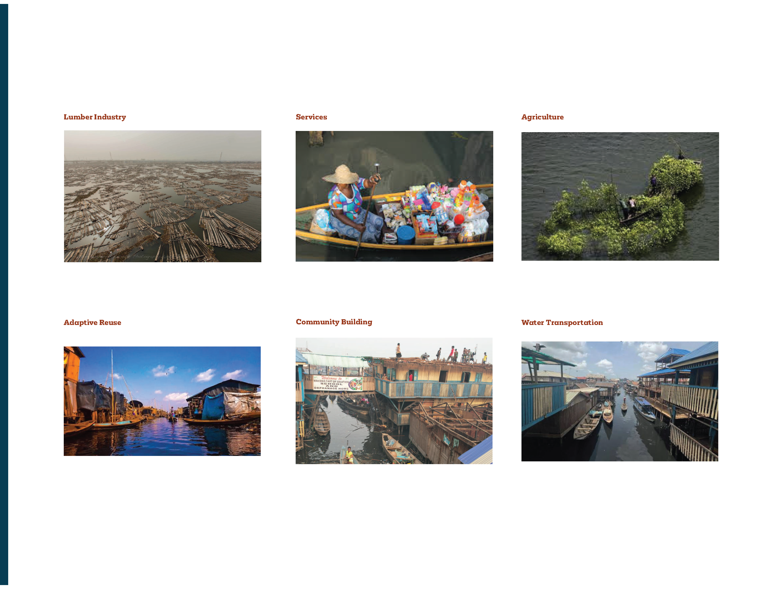 A six-panel photo grid documenting Makoko, Lagos, showing the lumber industry, waterway vending, mangrove agriculture, adaptive reuse of stilt structures, a community school, and canoe-based water transportation.