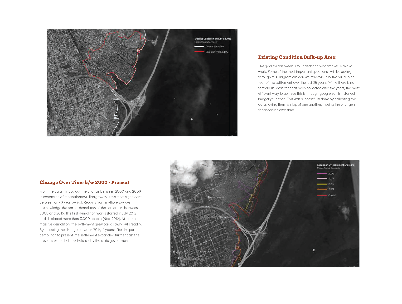 Two satellite map analyses of Makoko, Lagos, one showing the existing built-up area and community boundary, the other tracing shoreline expansion from 2000 to present using colour-coded GIS overlays