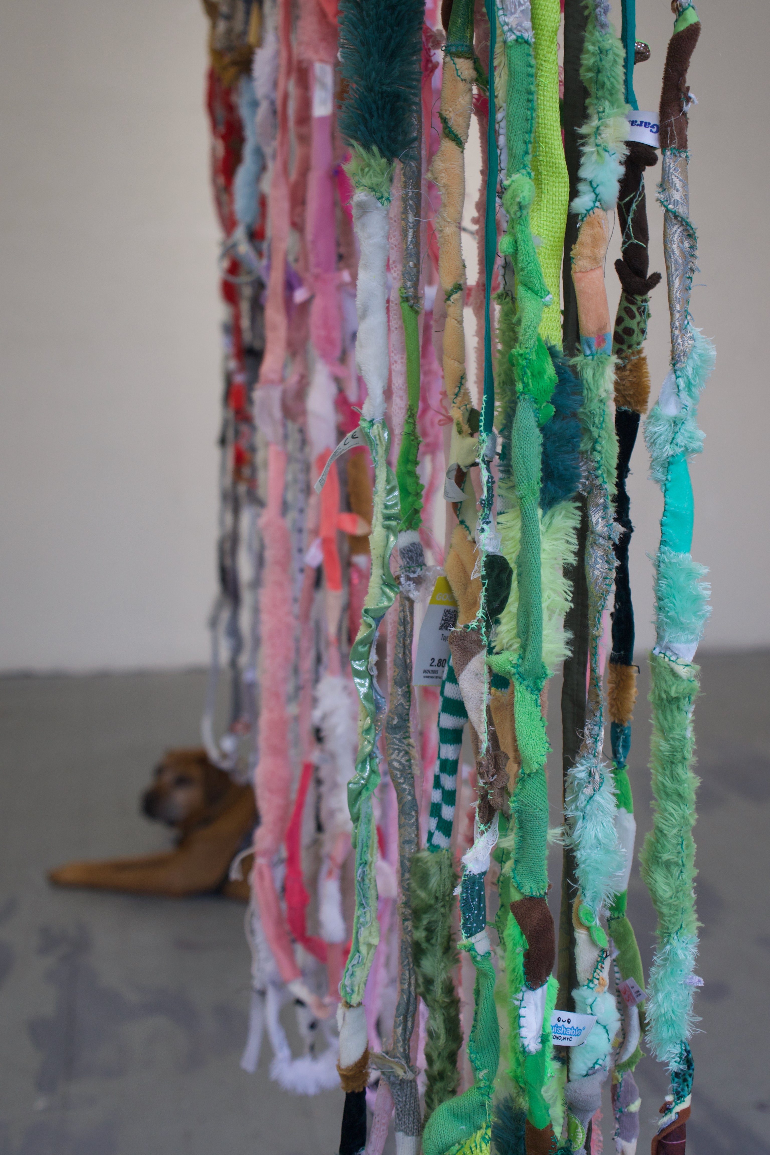 Close up profile of hanging stuffed animal rope. Green in focus with visible stitching, pink and red in the background, with loops as the bottom visible. Dog farther in the background.