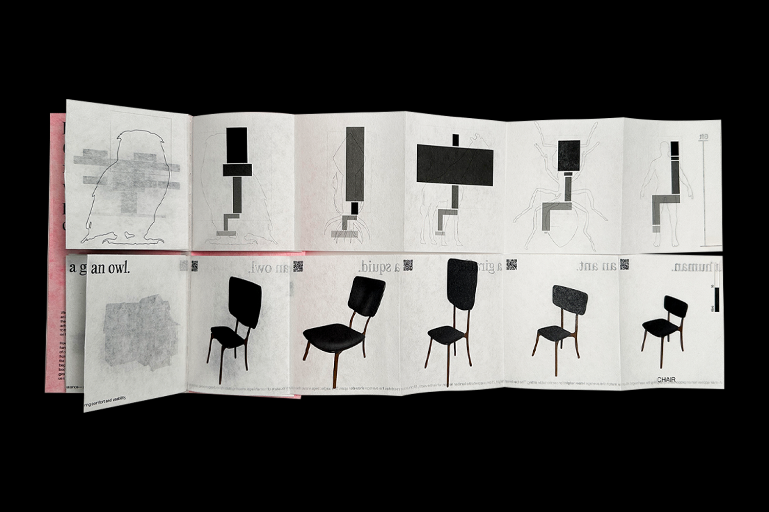 Interior spread of a book showing chairs rendered in different proportions. From left: owl, squid, giraffe, ant, and human. The upper page symbolically represents each chair's proportional shifts.
