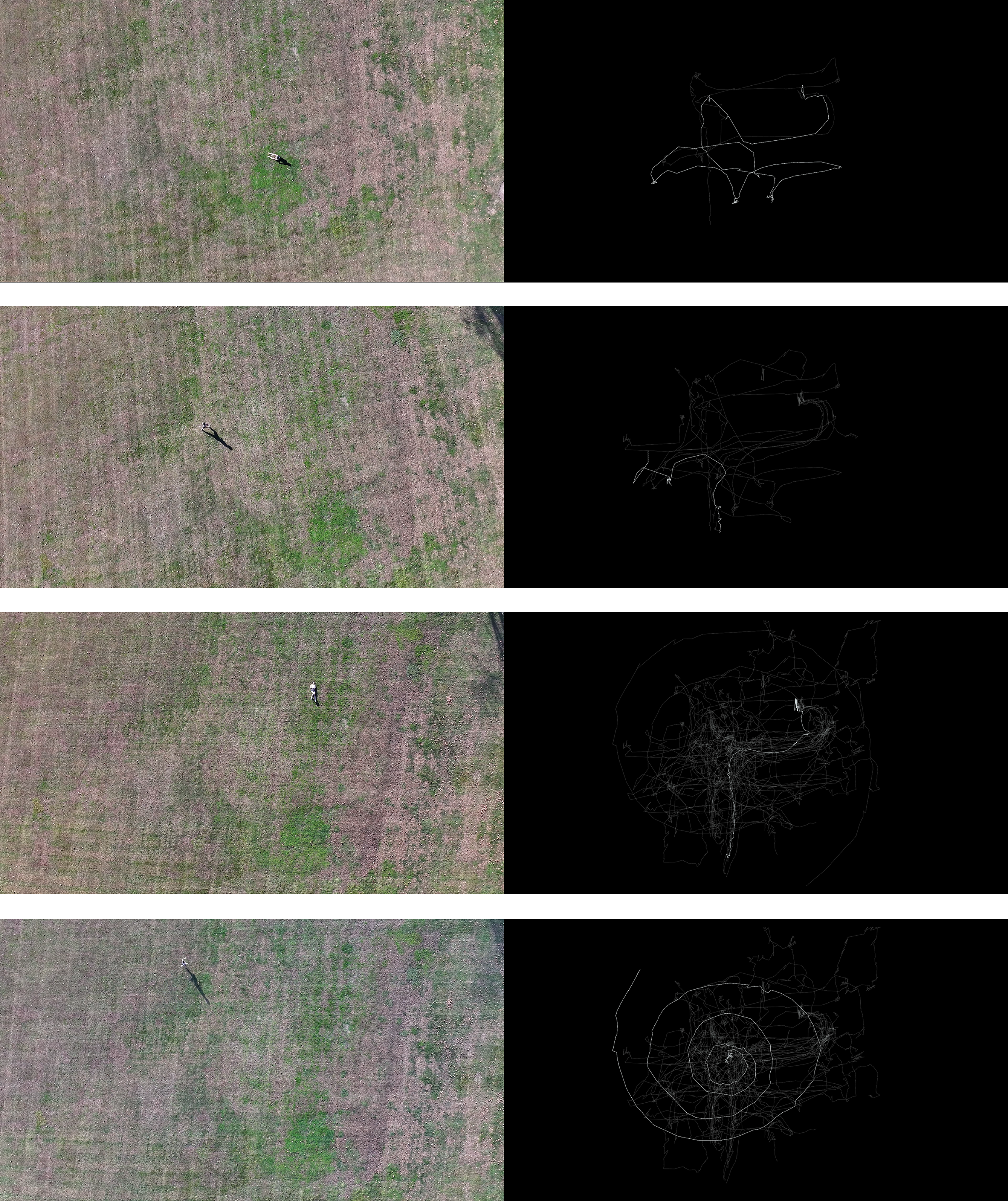 Four aerial views of a person walking in a field paired with black panels tracing their movement paths.
