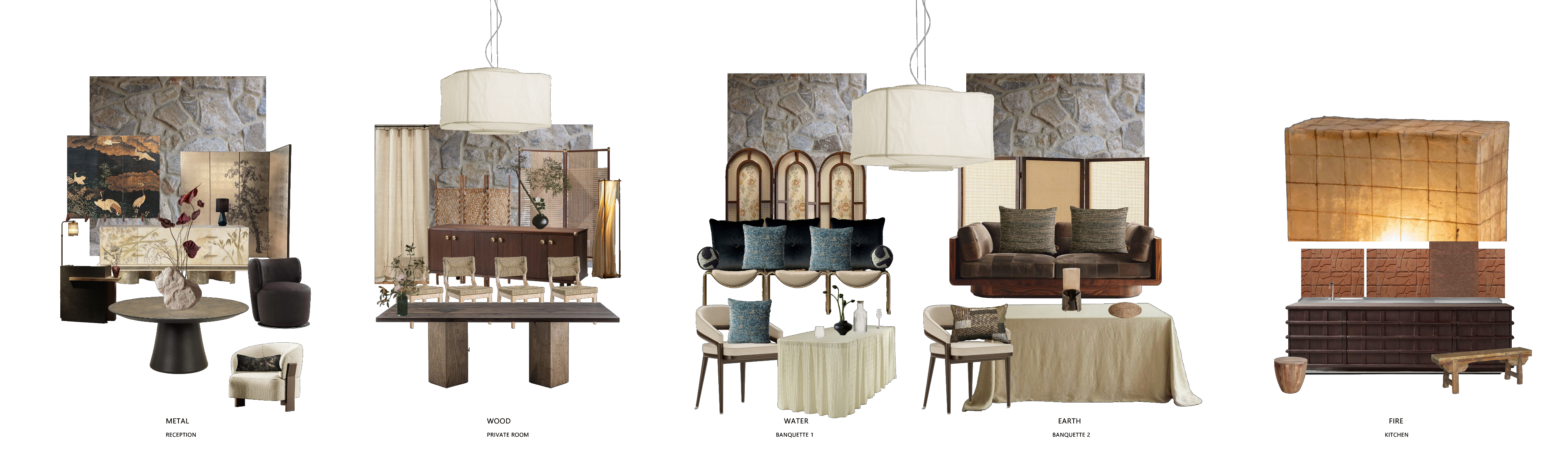 Interior collage of a vegetarian restaurant concept based on Five Elements feng shui, showing five spatial zones: metal reception, wood dining room, water and earth banquet areas, and a fire-themed kitchen.