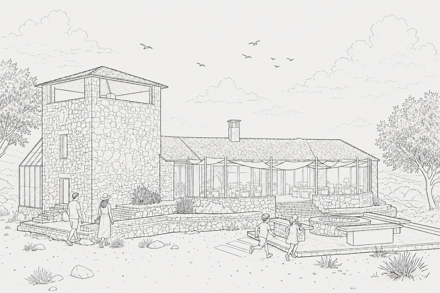 Hand-drawn architectural line drawing of the historic Eliot Tower reimagined as a vegetarian restaurant, featuring stone walls, outdoor dining terraces, landscaped seating areas, sketch-style figures, surrounding trees, and birds in the sky.