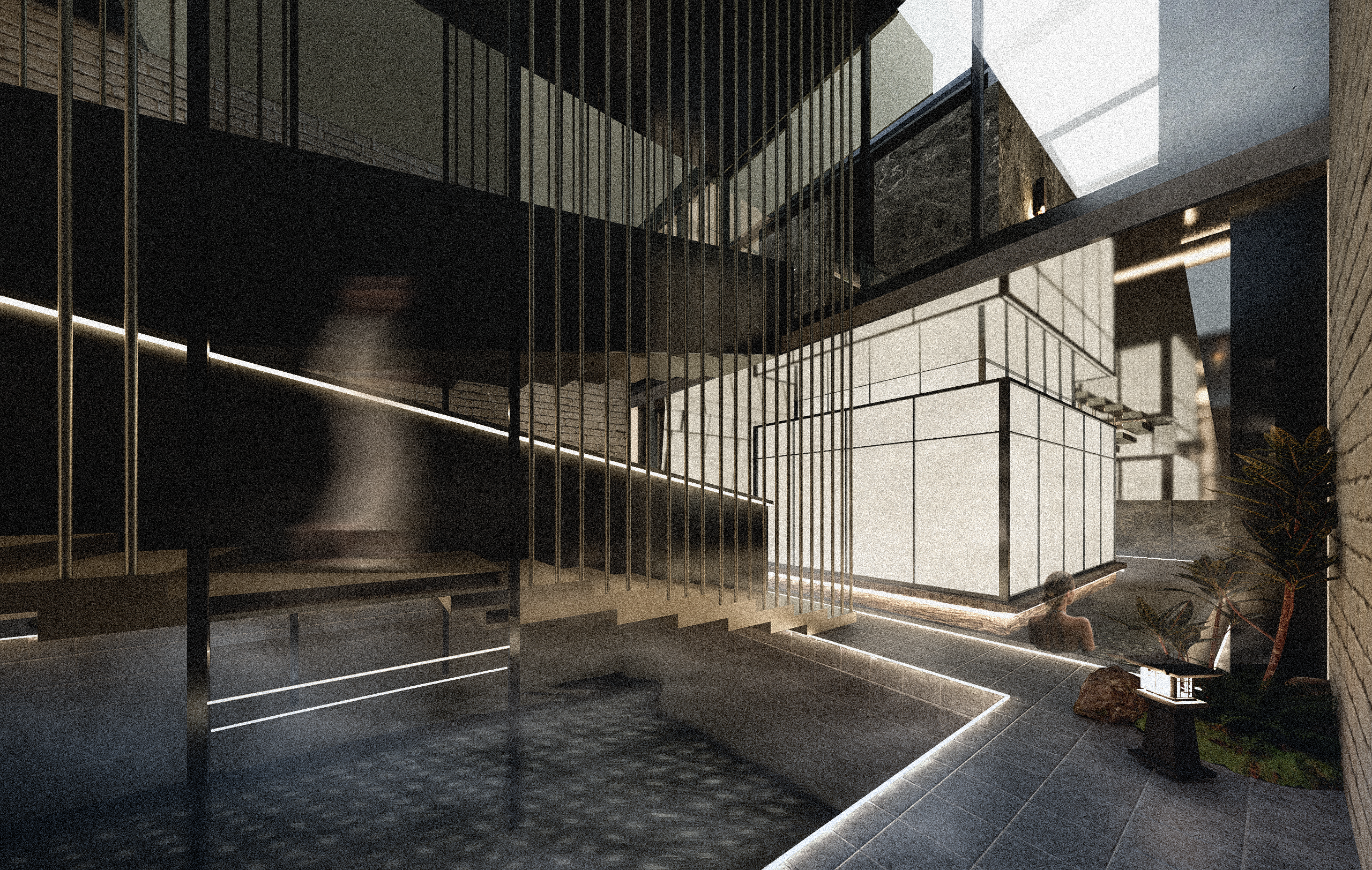Interior view of a central courtyard showing transition between outdoor hot springs and indoor pools, with sauna and upper meditation room forming a yin-yang spatial contrast.