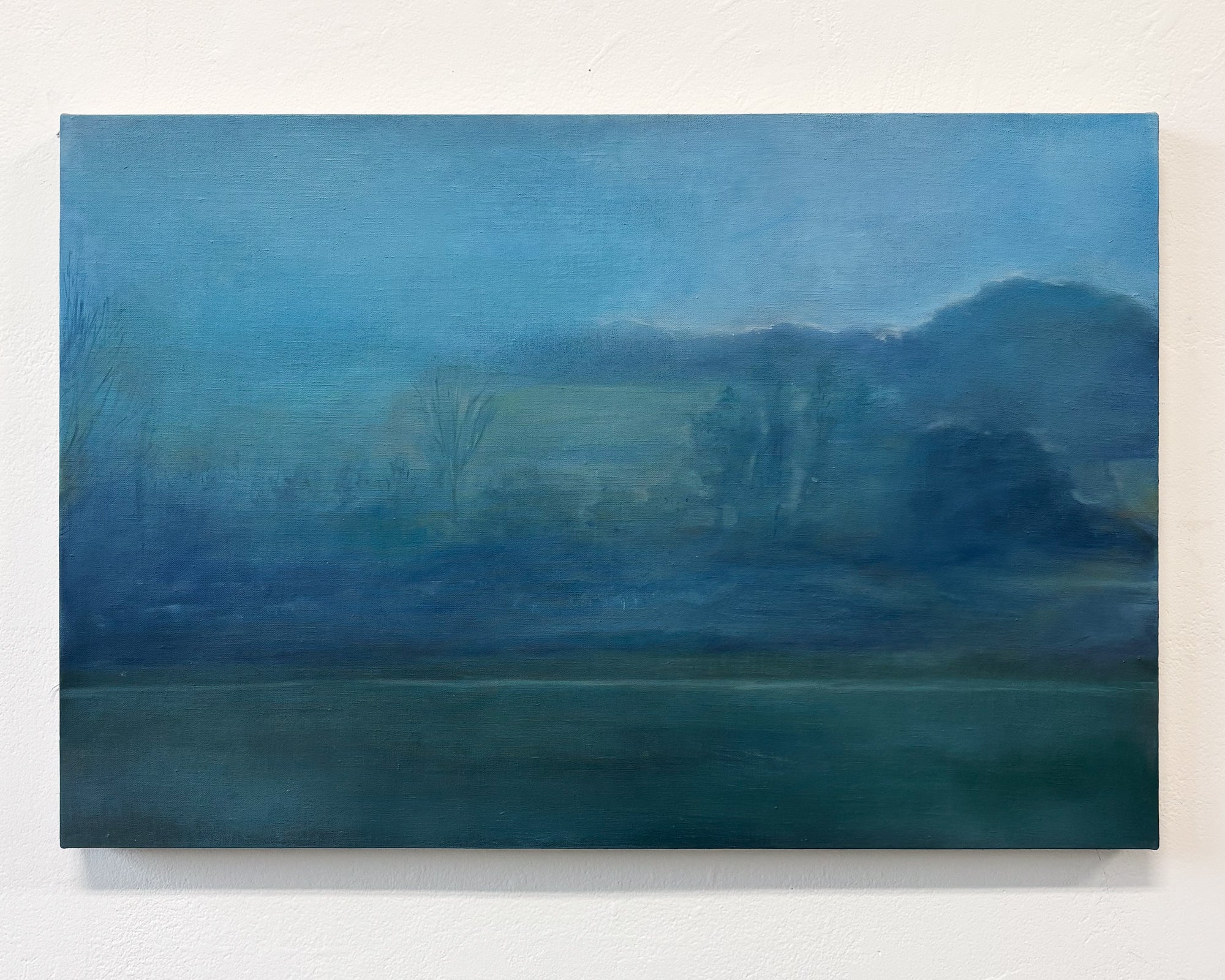 This is a painting of a foggy landscape, with a little bit of light just along the treeline. The fog is brilliant blue and the ground is a dull green.