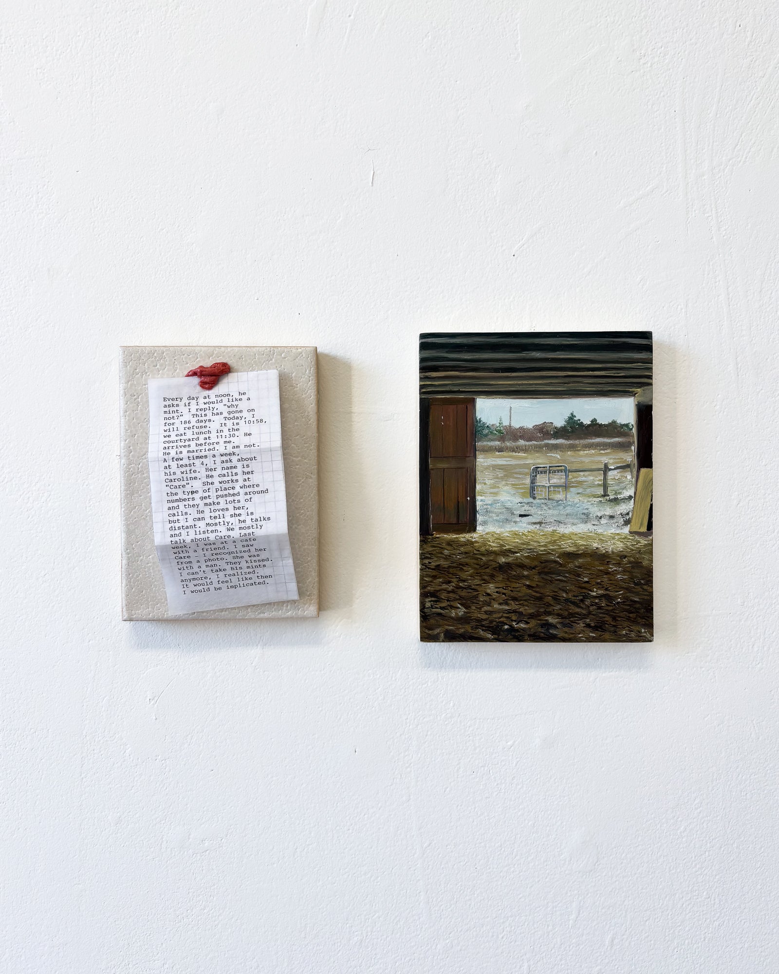 On the left, a rectangular panel has a note attached to a cracked white surface. On the right, is a rectangular painting of a landscape. 