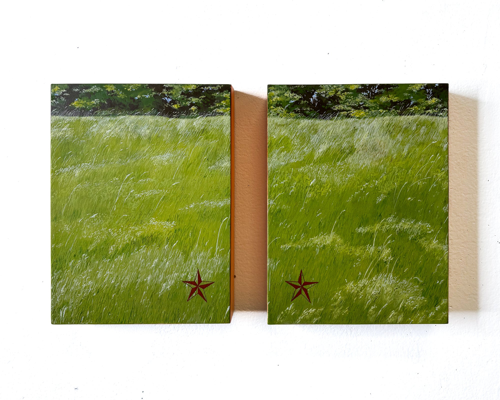 Two paintings are hung on the wall with an inch and a half of space between them. The paintings are of a green field of tall grass blowing in the wind.