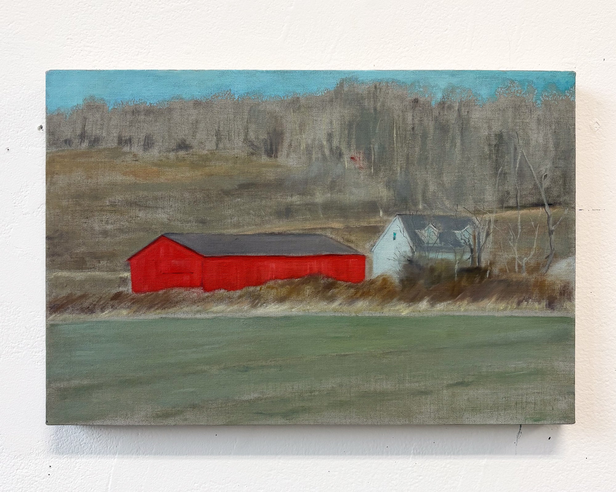 The image is of a landscape painting. In the middle of a field, there is a red barn and a smaller white house with a gray roof. 