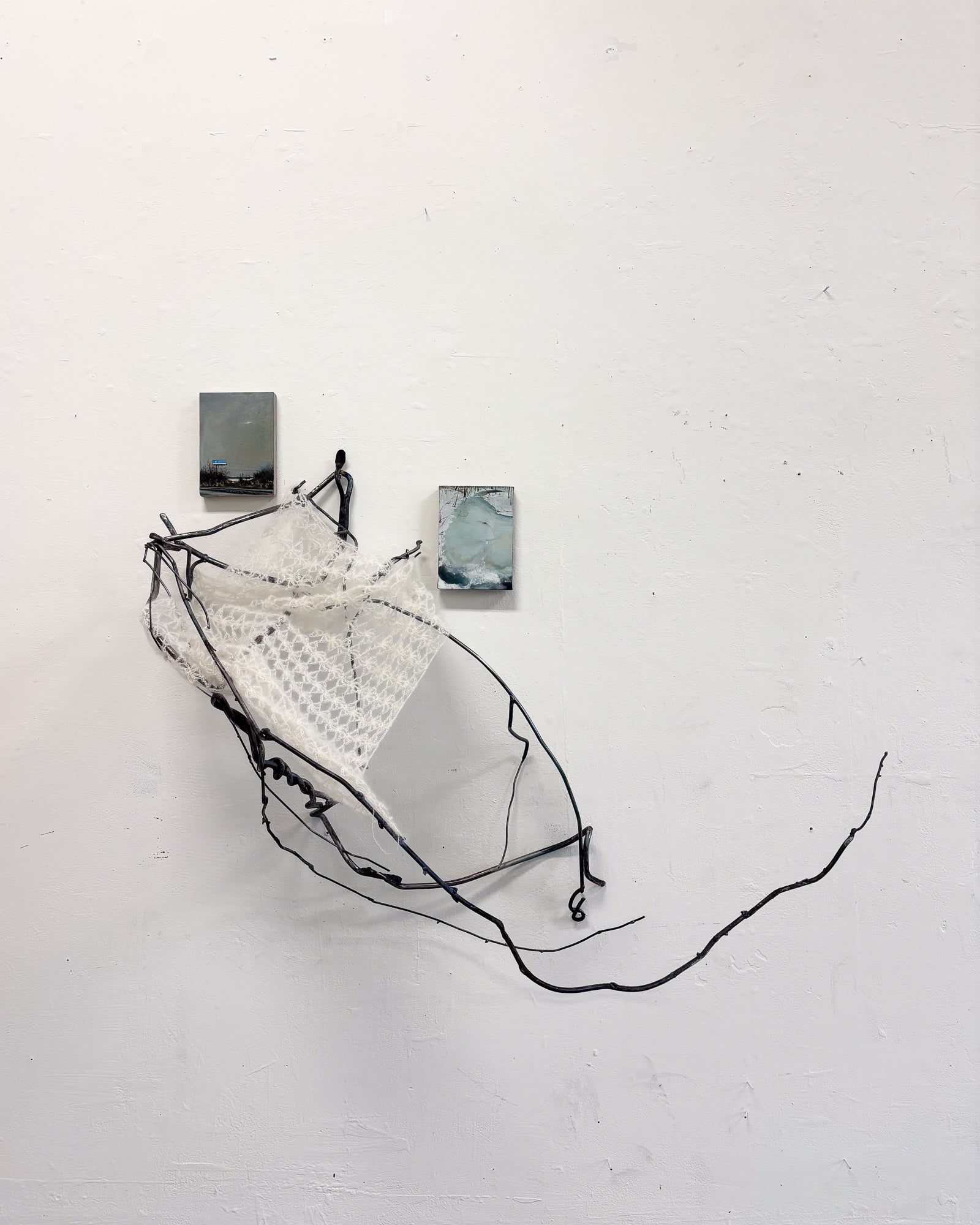 This is an installation of 2 paintings, a steel sculpture shaped like vines, and a crocheted cloth that holds a shell that has a rock with the wish of a dandelion attached