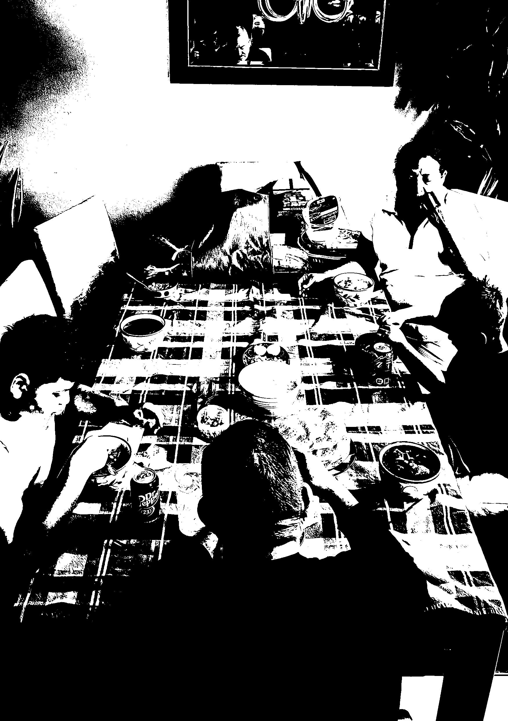 Archival photo of author's grandparents and brothers having almuerzo in their home in the Coachella valley, California.