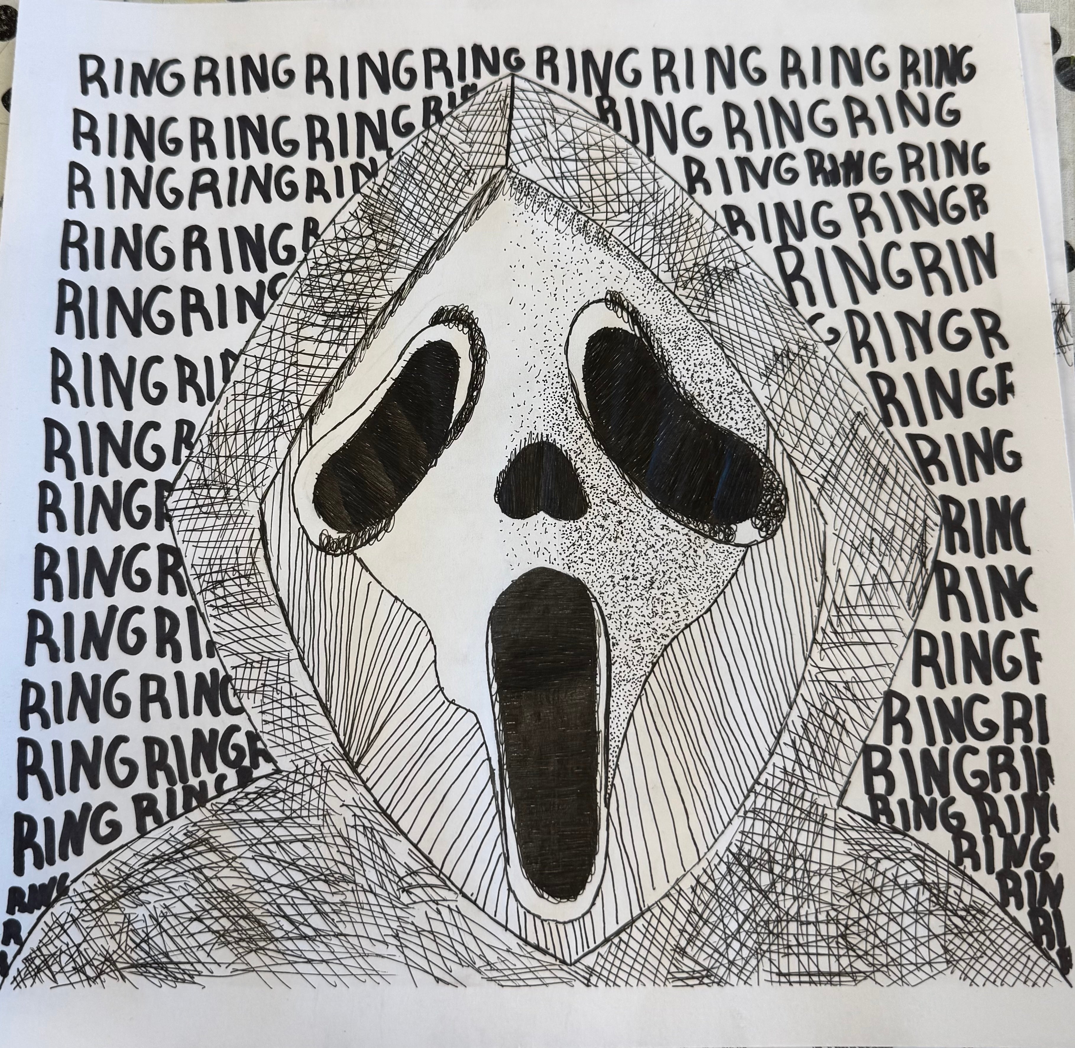This is a black and white ink drawing of a hooded skull with text in the back that says  "ring".