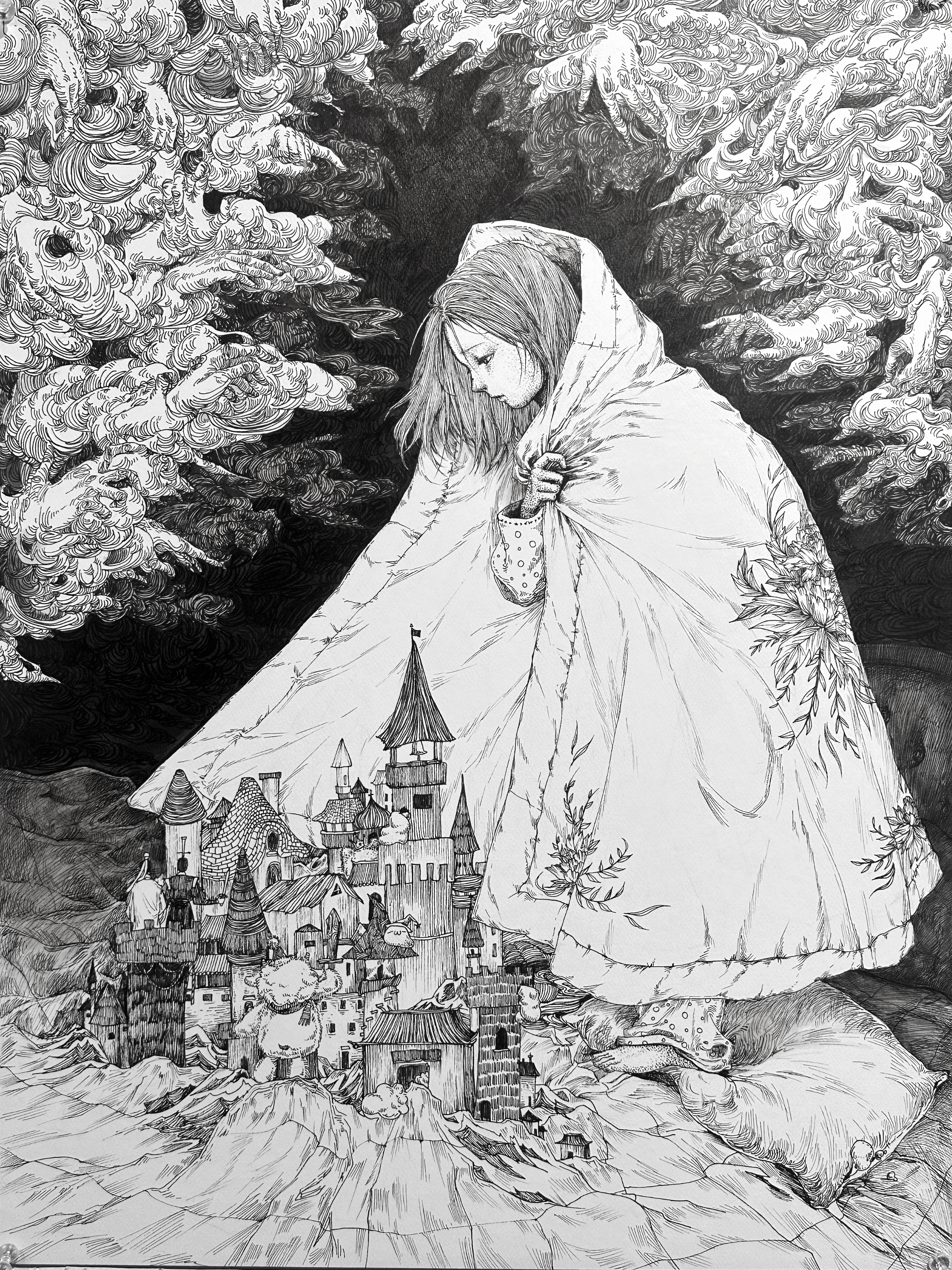 Black-and-white drawing. A giant girl in a floral blanket looks down at a tiny castle on pillows. Swirling, dark clouds shaped like reaching hands loom in the sky above.