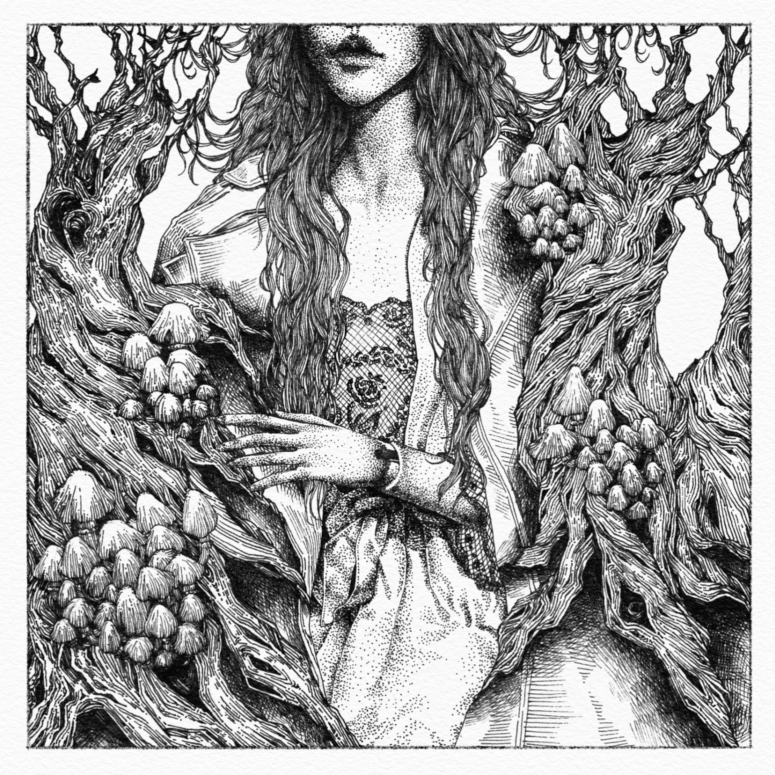 Black-and-white drawing. A long-haired woman is framed from the nose down. She touches the thick, gnarled, mushroom-covered tree trunks that tightly enclose her lace-clad torso on both sides.