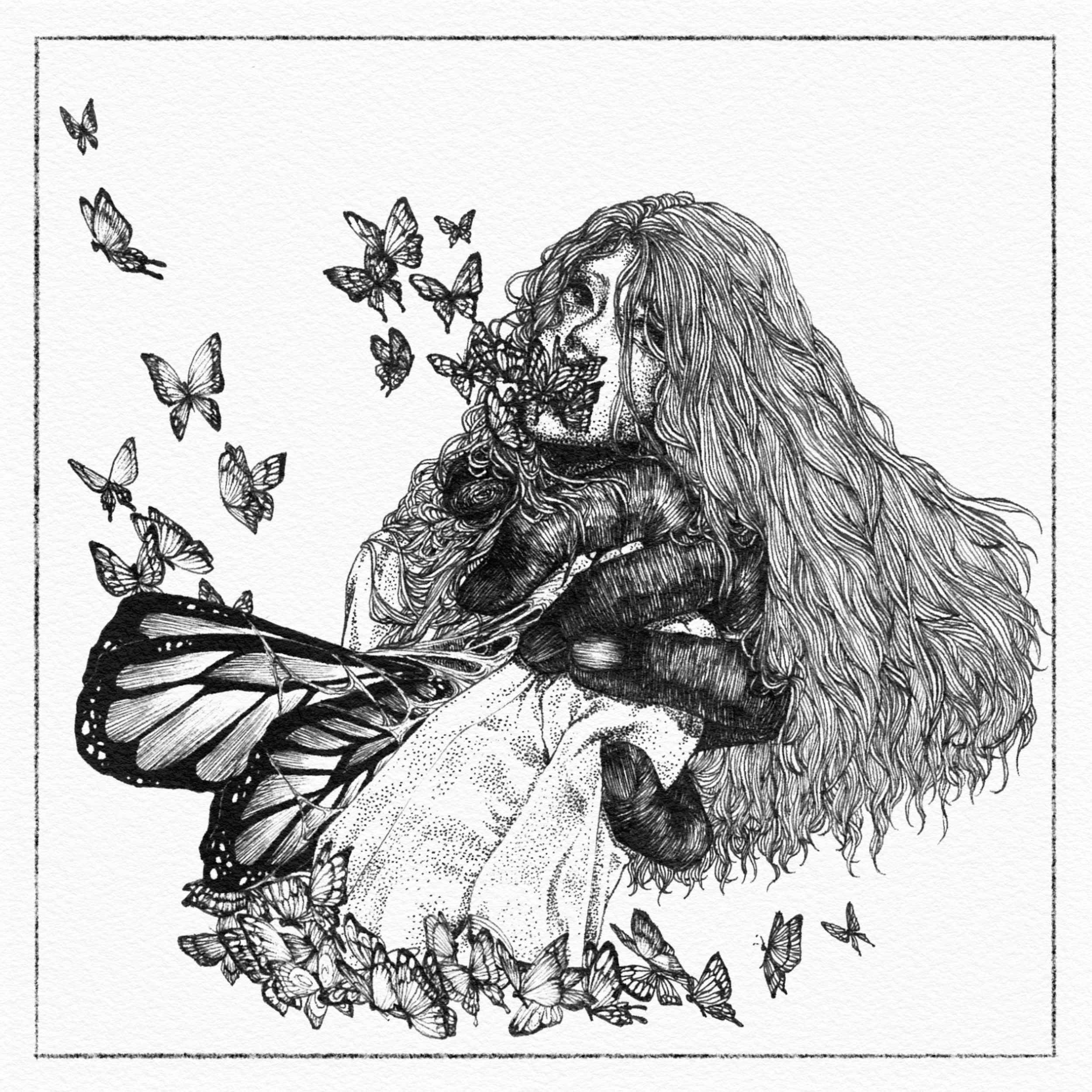 Black-and-white illustration. A giant, dark hand grips a long-haired girl's waist. She looks up as butterflies erupt from her mouth. A large,  butterfly wing comes out her chest.