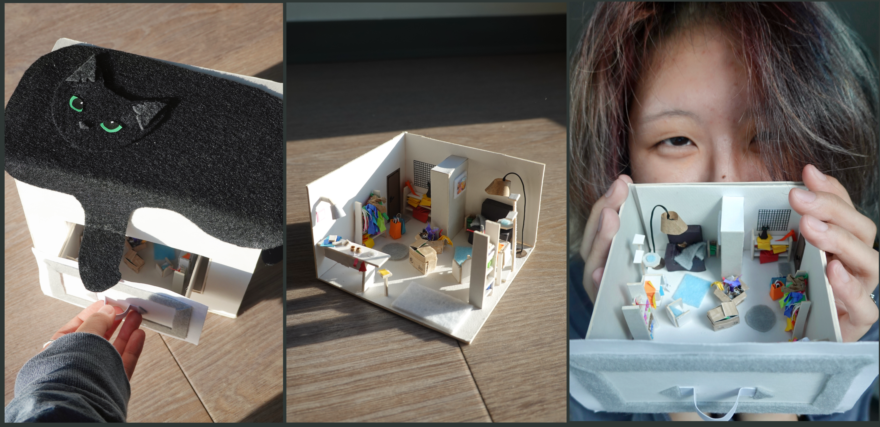 Three photos showing a diorama. A white box topped with a black cat opens to reveal a highly detailed, messy miniature bedroom, which a woman holds near her face.