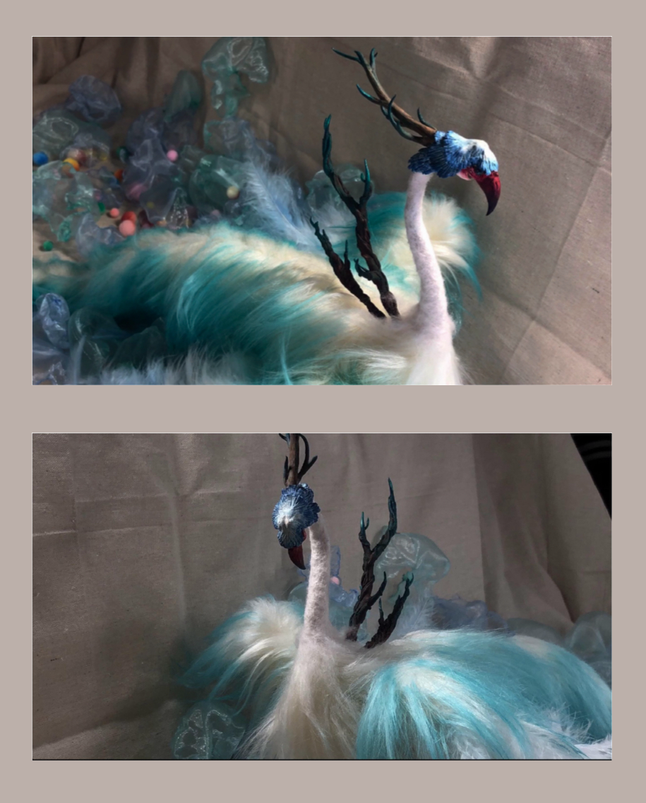 Two photos of a sculpted fantasy bird with fluffy white and teal plumage. It features a red beak and dark branch-like antlers, set against sheer blue and tan fabrics.