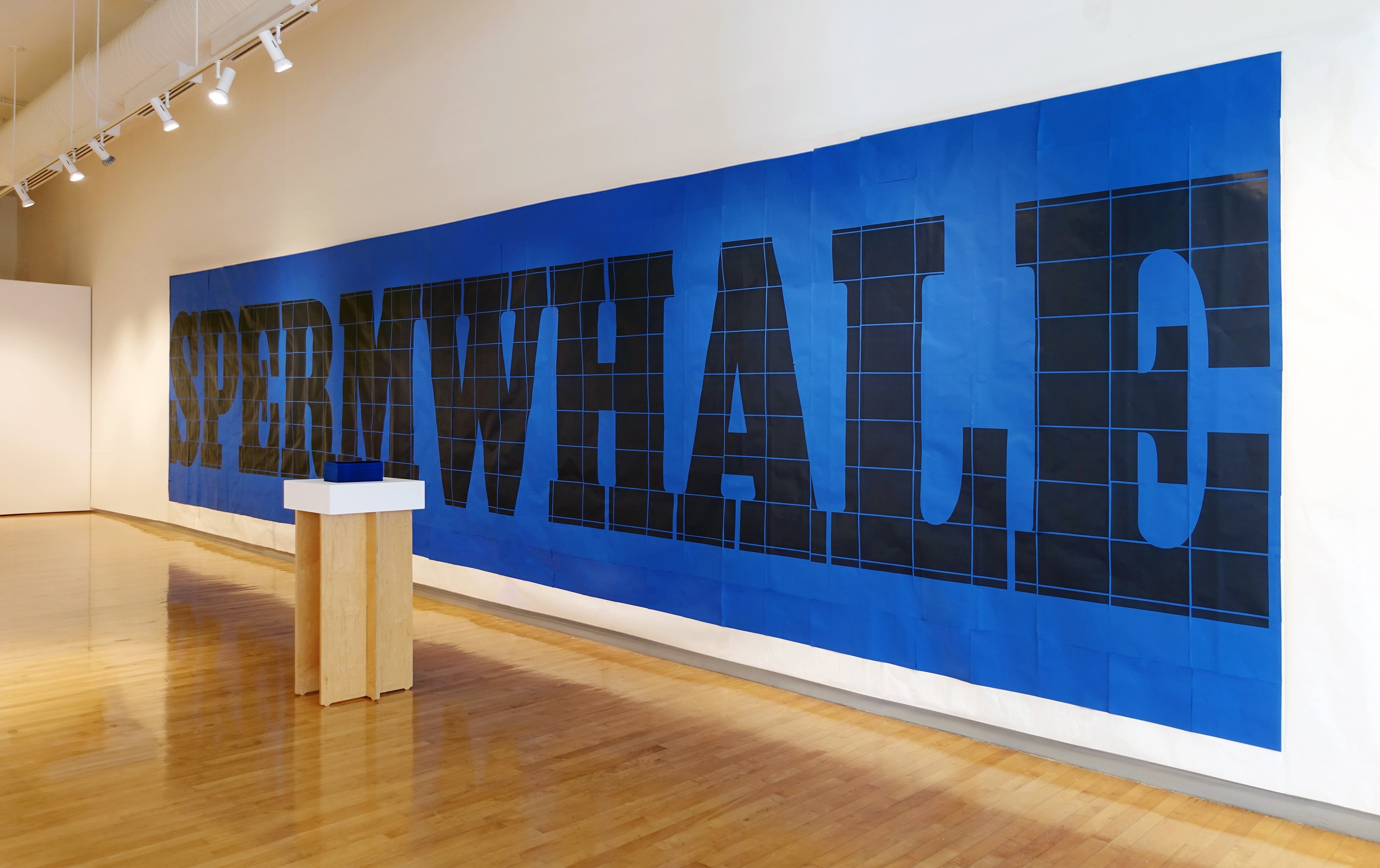 A large installation made of blue papers. It covers up the entire gallery wall with bold black letters spelling out the word sperm whale. A book is place on a pedestal in front of the installation.