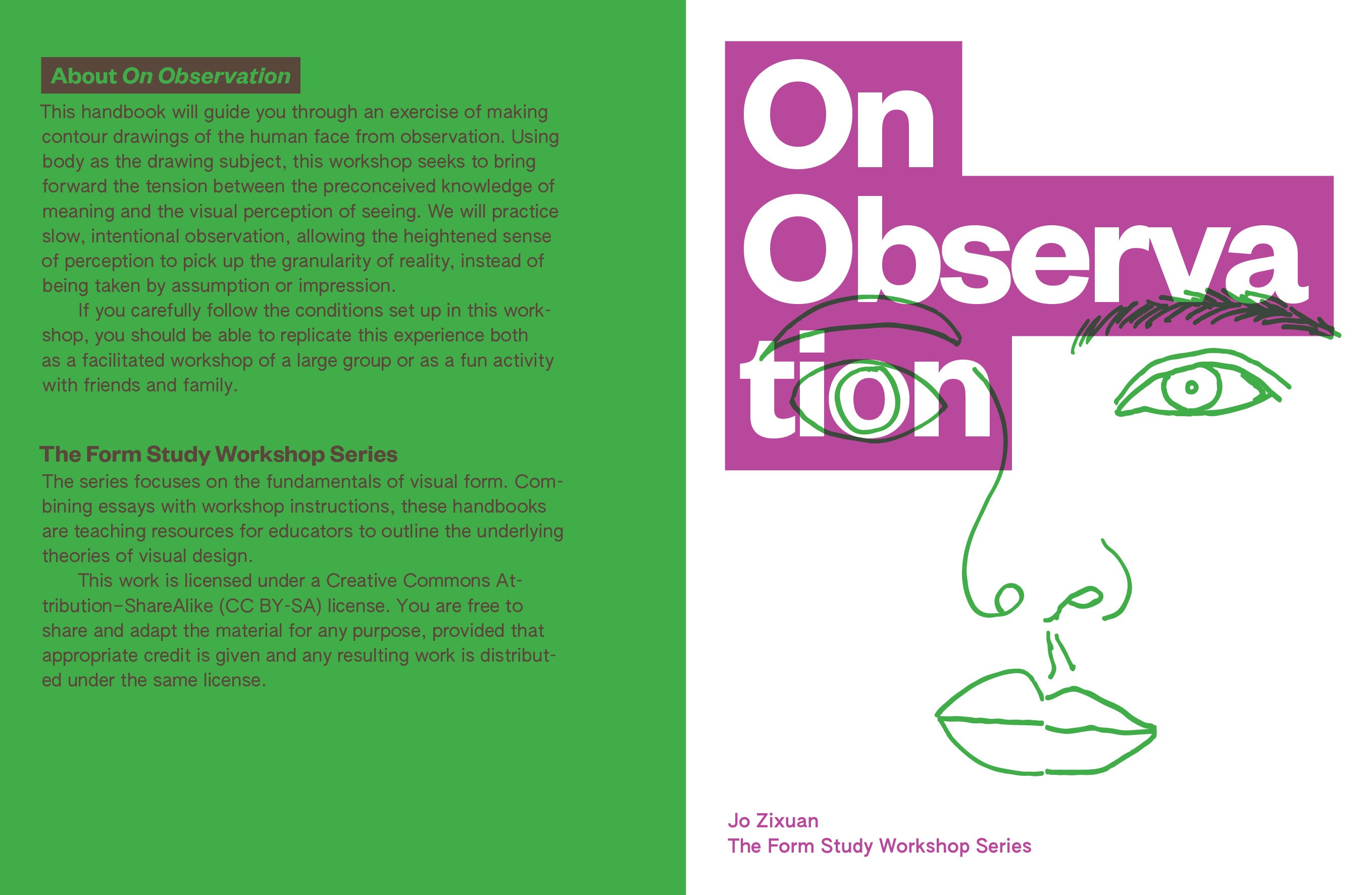 The cover and back cover of a small handbook named On observation. The typography and image is printed in purple and green.