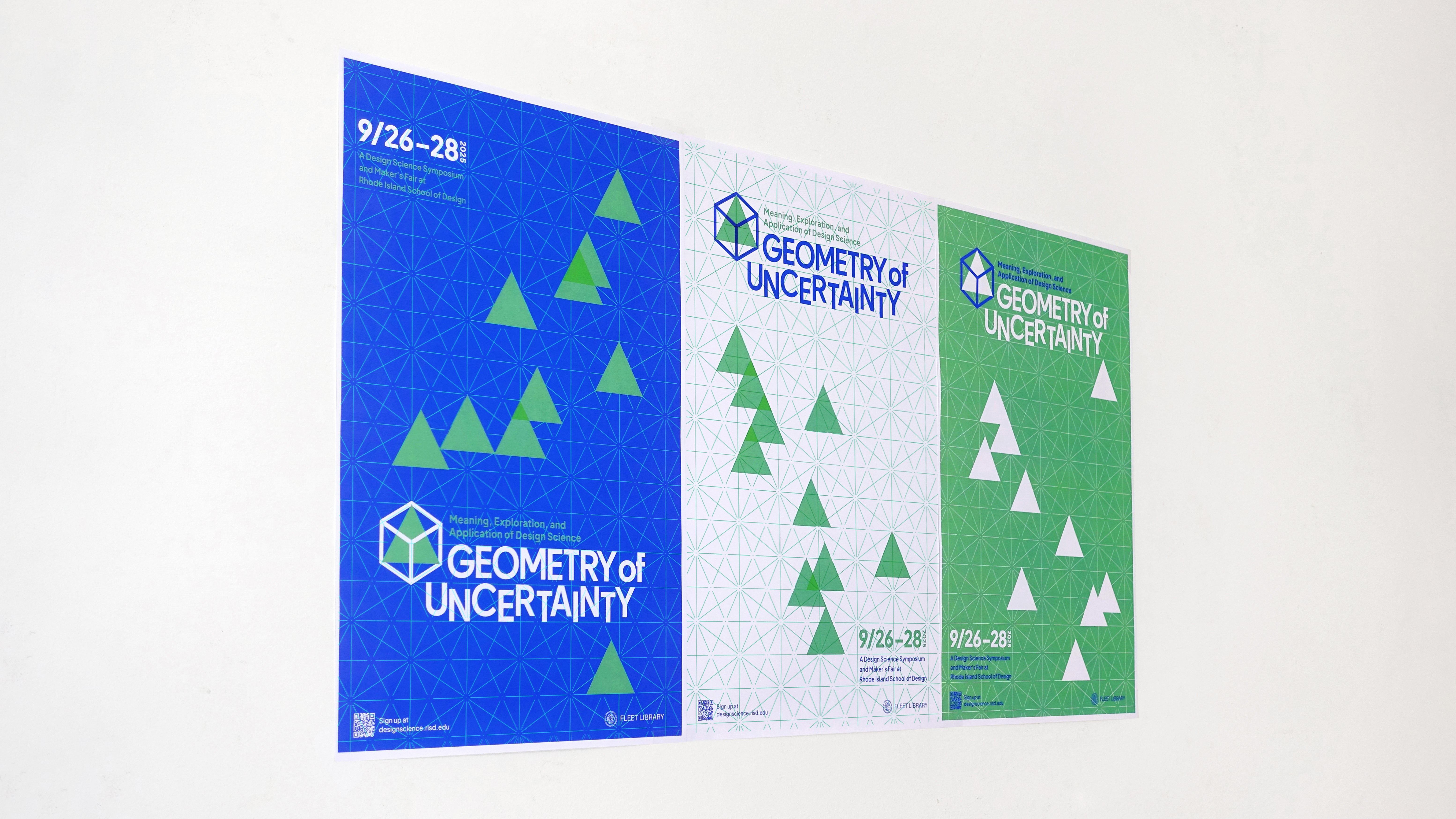 A combination of three vertical poster sharing similar design but in different color palette. The content is promotional information for an educational symposium.