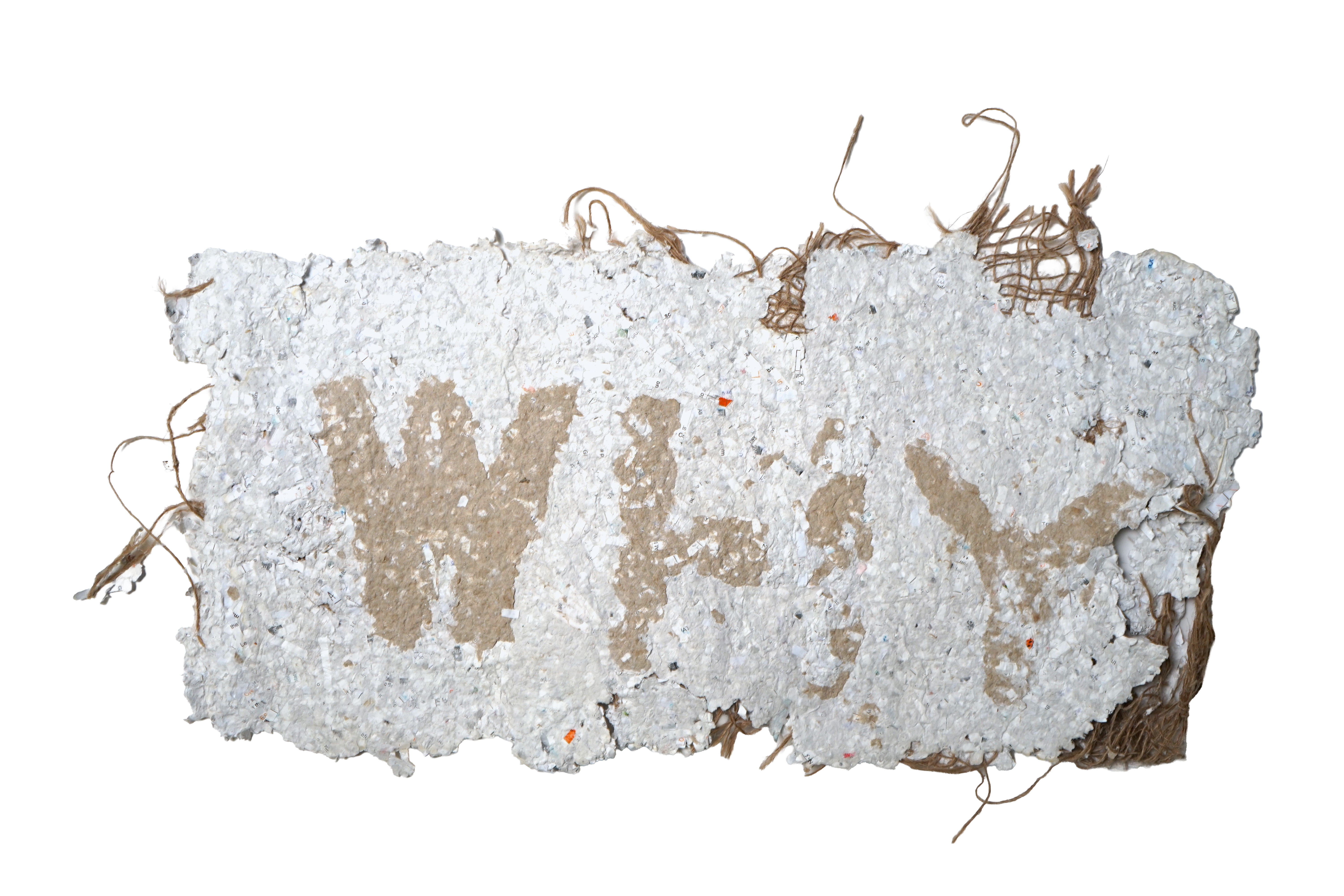 Image of handmade paper with visible fragments. Pulp-painting reads "WHY".