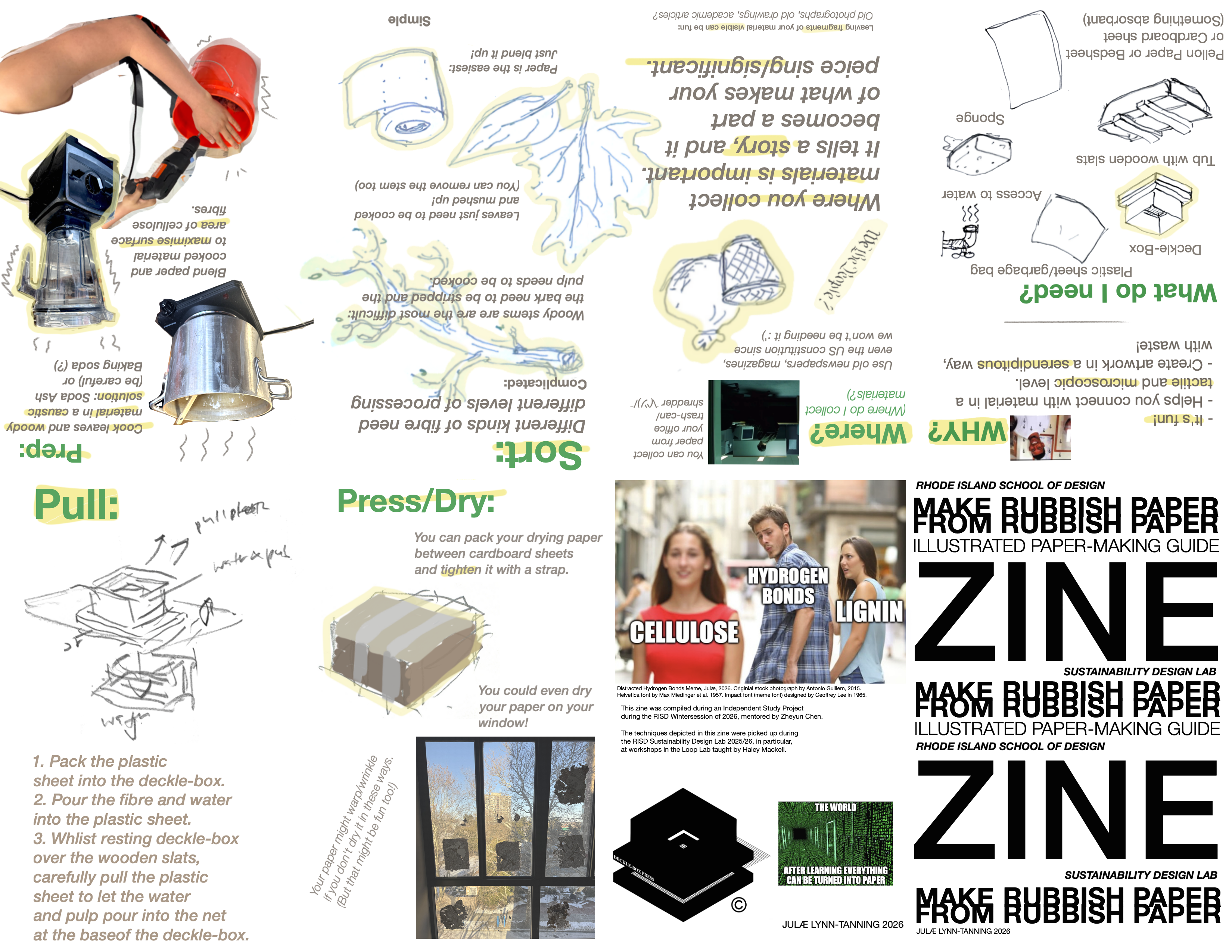 Image of zine with humorous illustrated description of paper-making pedagogy process. 