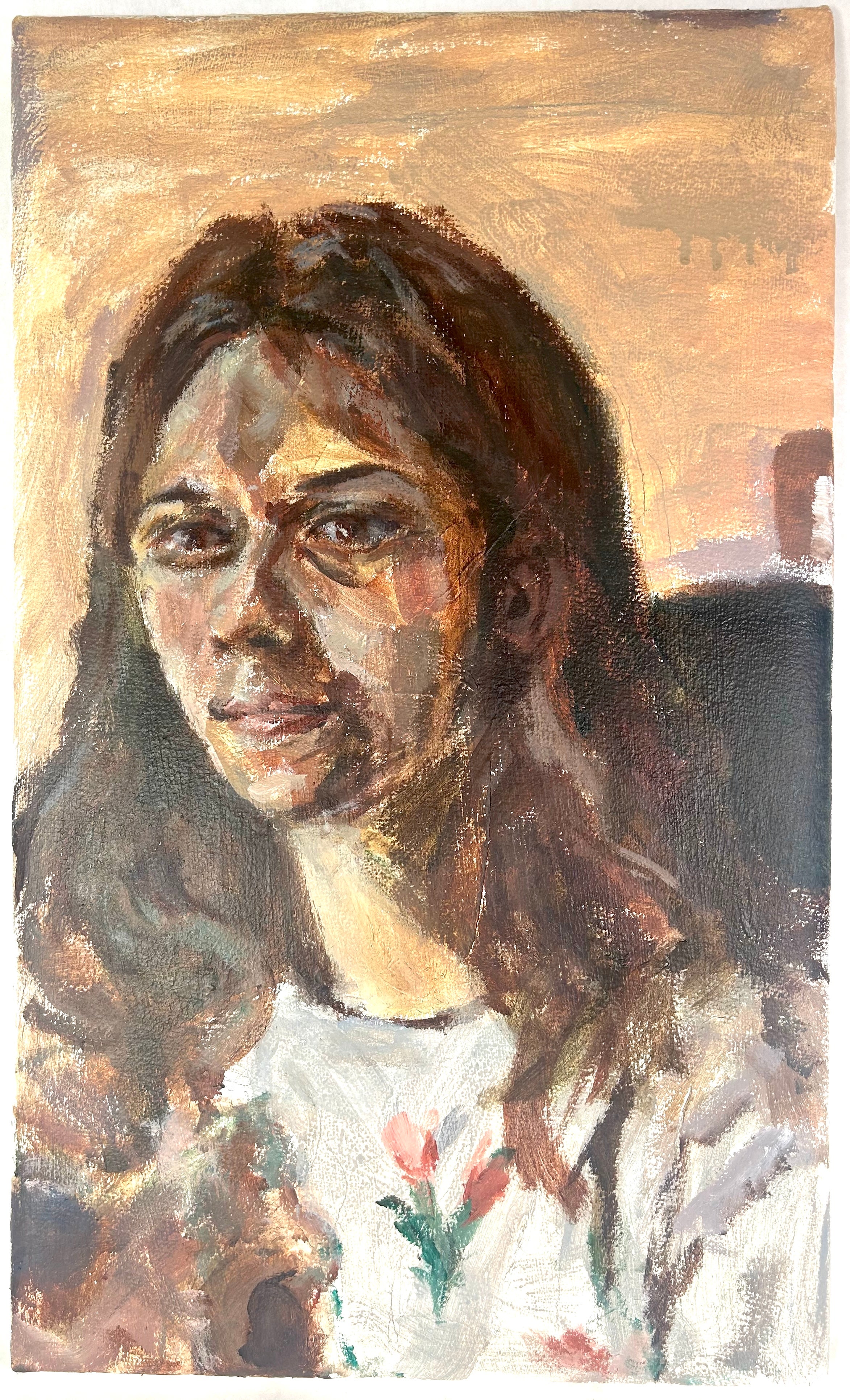 Representational painting with warm tones of a young lady with bright thoughtful eyes, long brown hair and a white jumper with a flower depicted. 