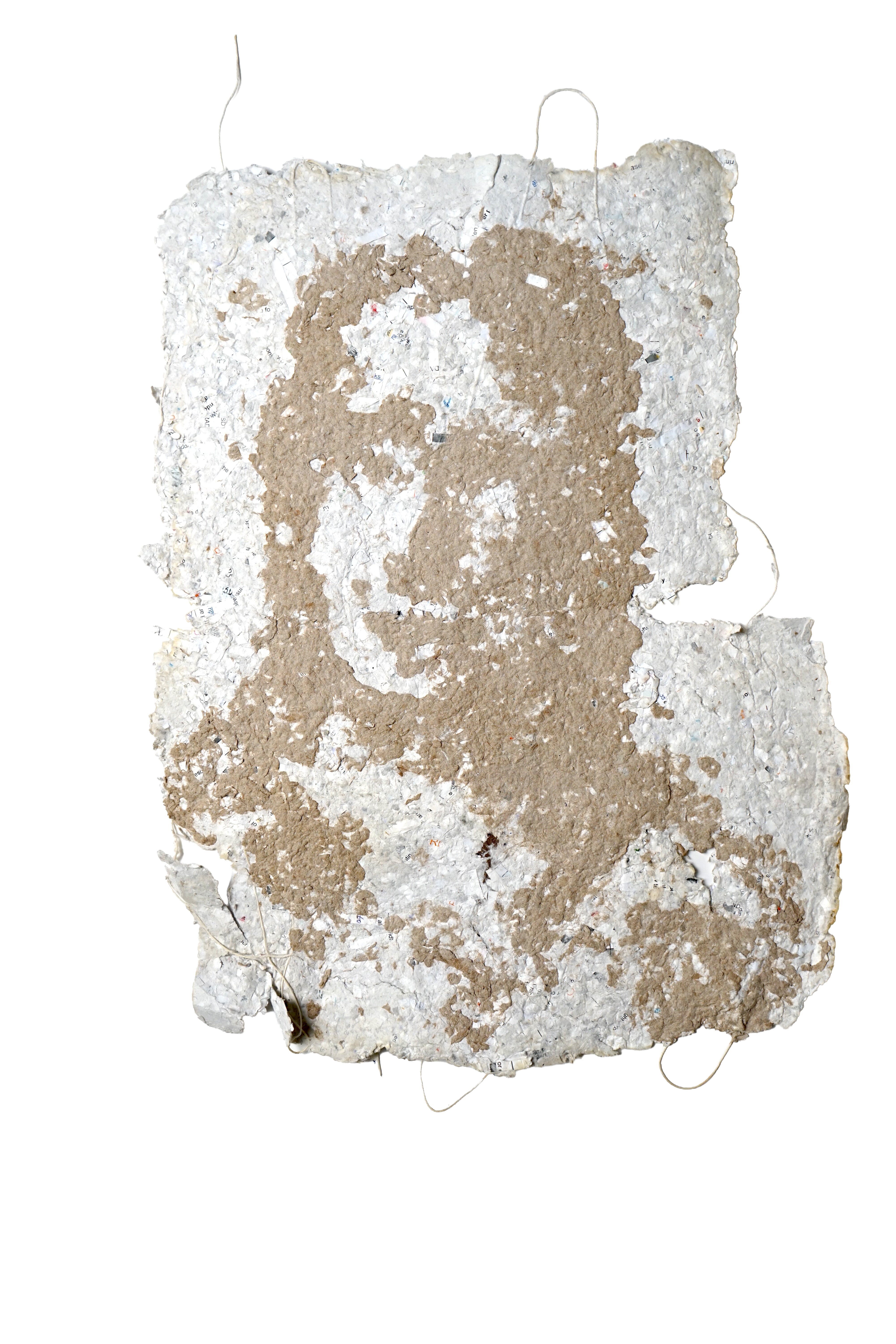 Hand made paper with what appears to be a face applied with different coloured pulp. 