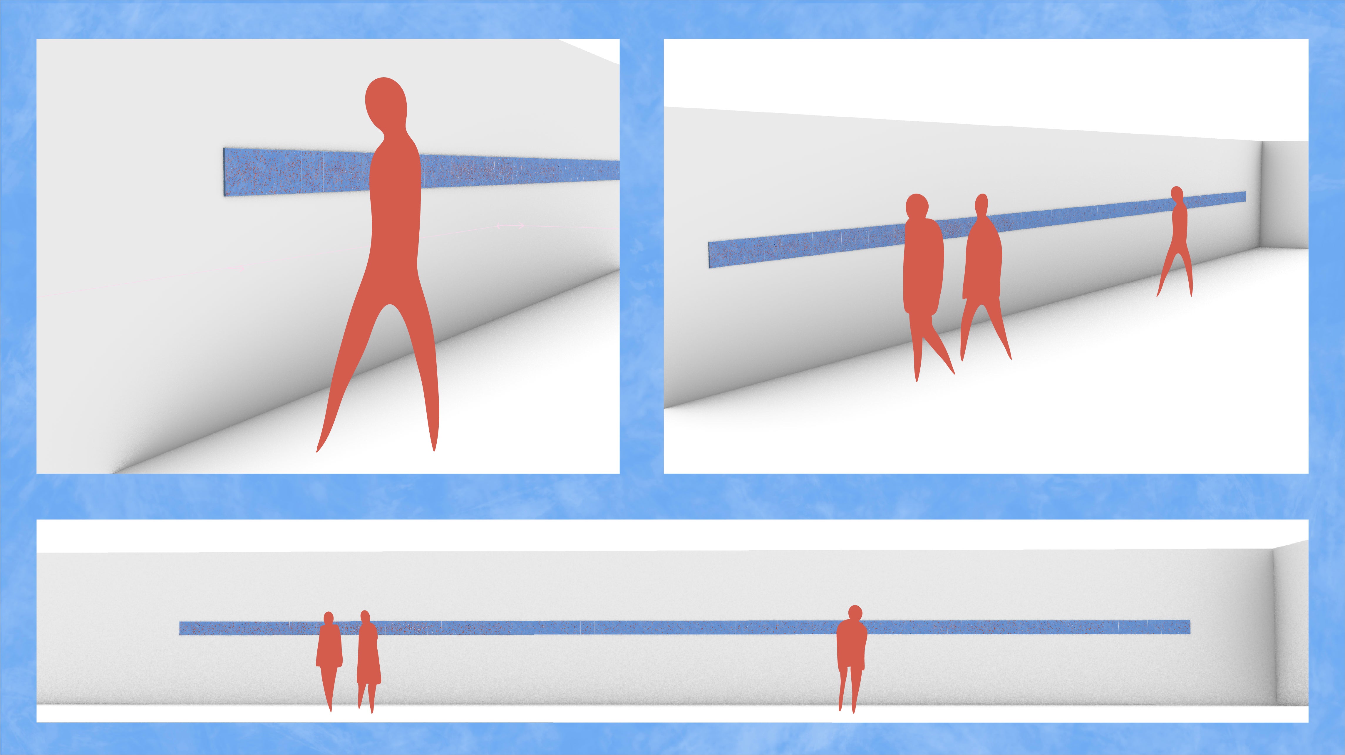 Three architectural renders showing a long blue tile strip mounted on a white gallery wall at eye level, with human silhouettes standing nearby.
