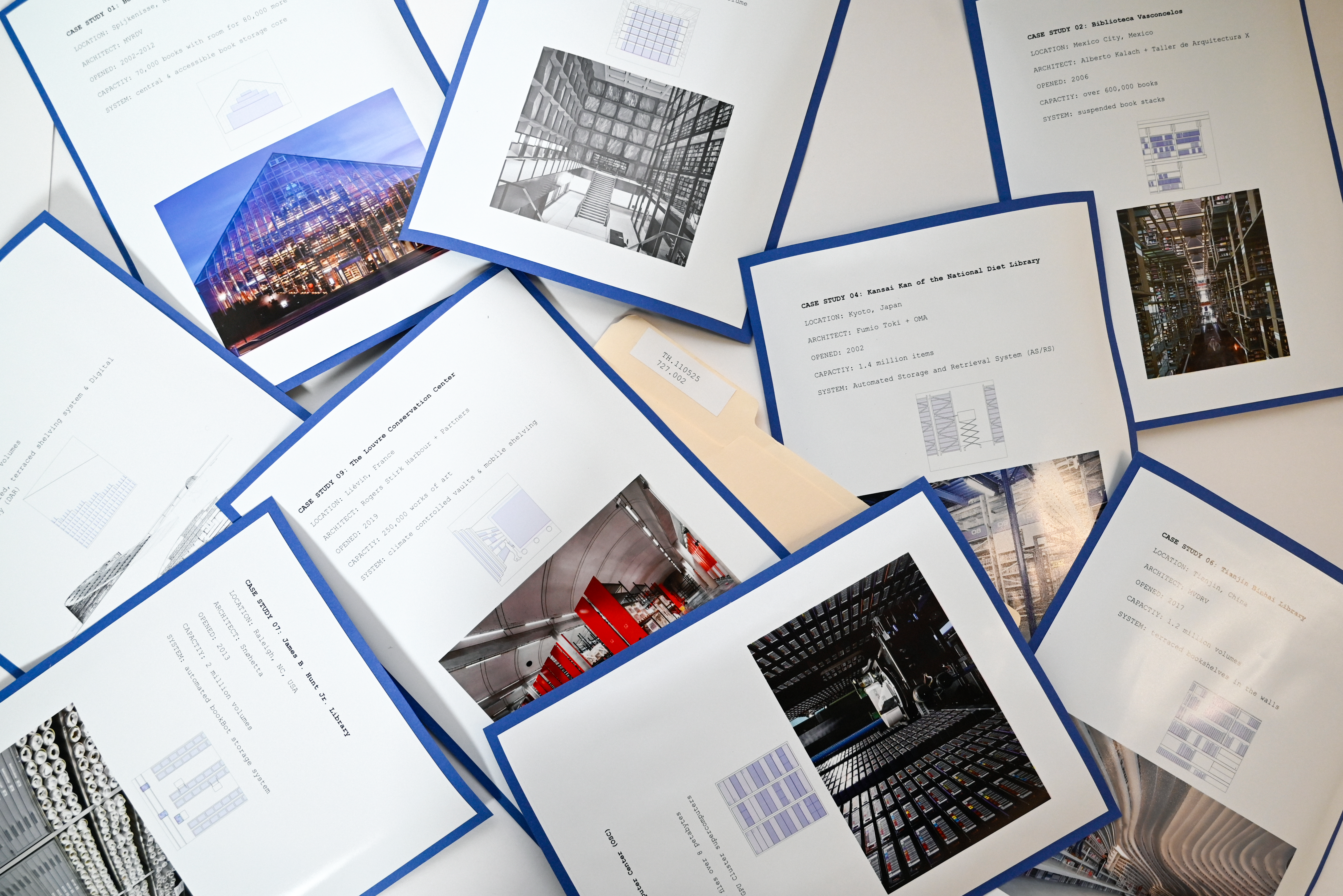 an image of scattered blue pages with different images of libraries and diagrams of how books are stored in these libraries 