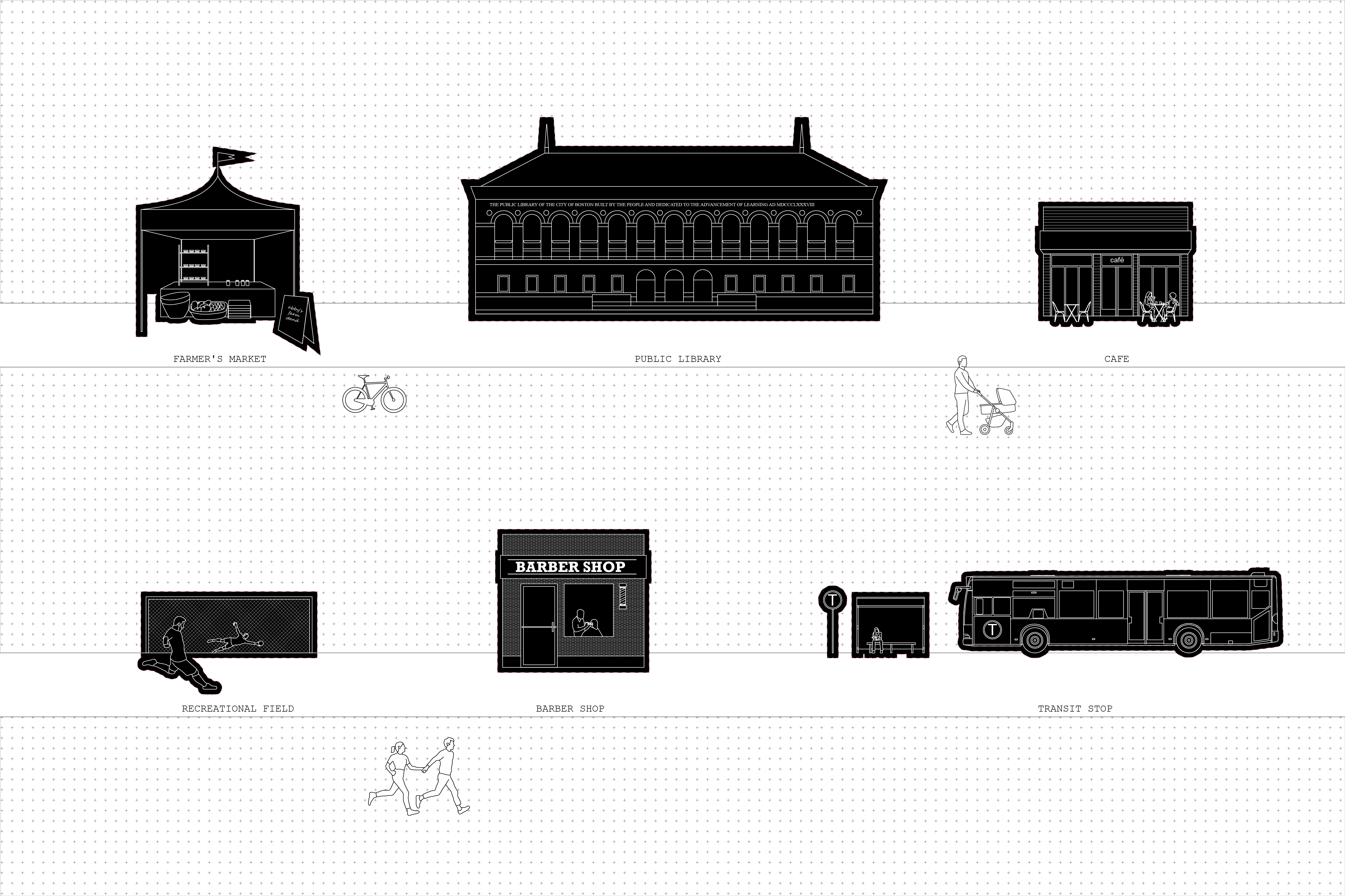 an image of different buildings where social interaction takes place (barber shop, library, recreational field, cafe, public transportation, etc.)