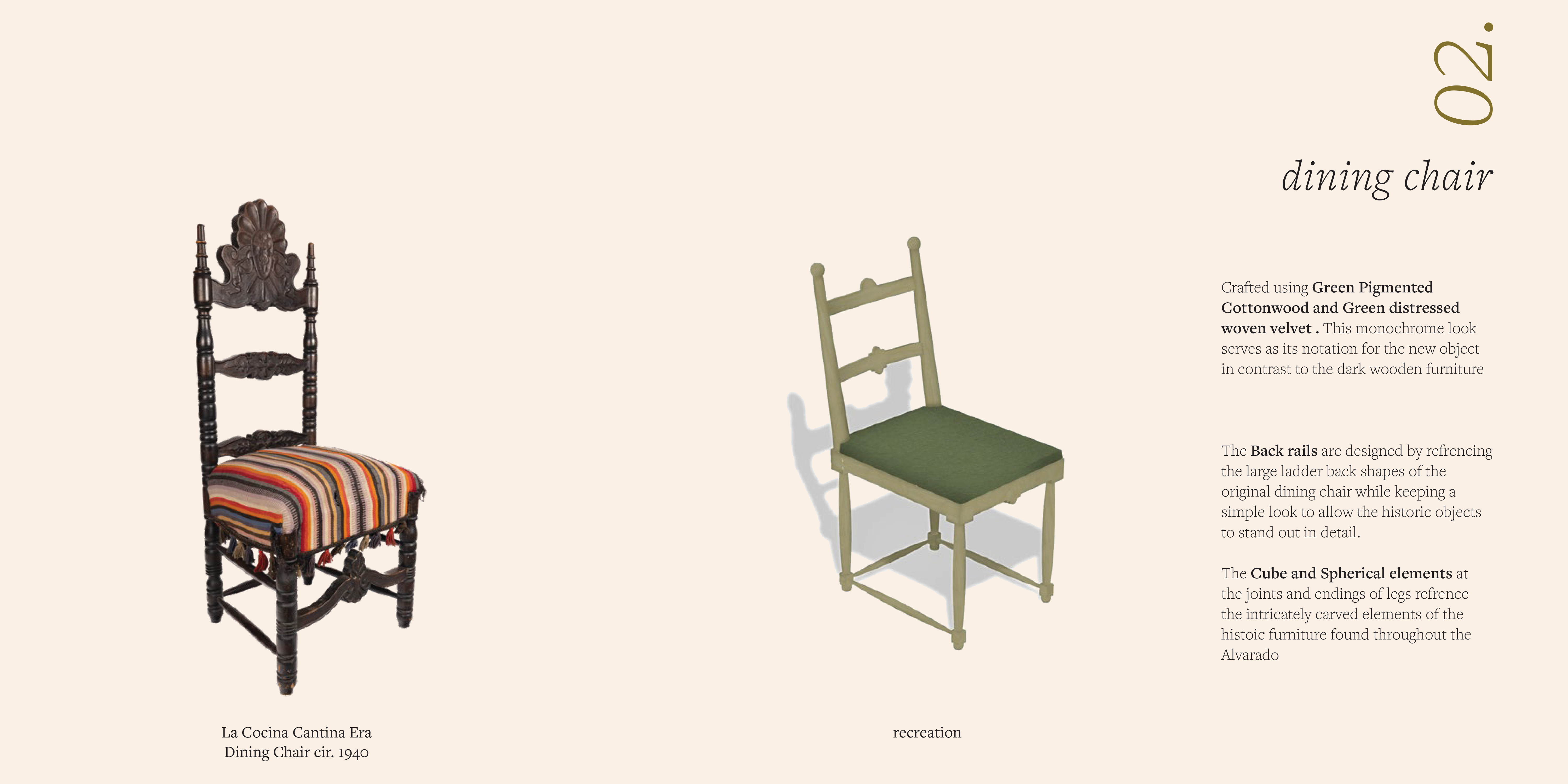 Two dining chairs side by side: left, an ornate dark carved wood chair with a colorful striped cushion; right, a simplified light green chair with clean lines and a green upholstered seat.