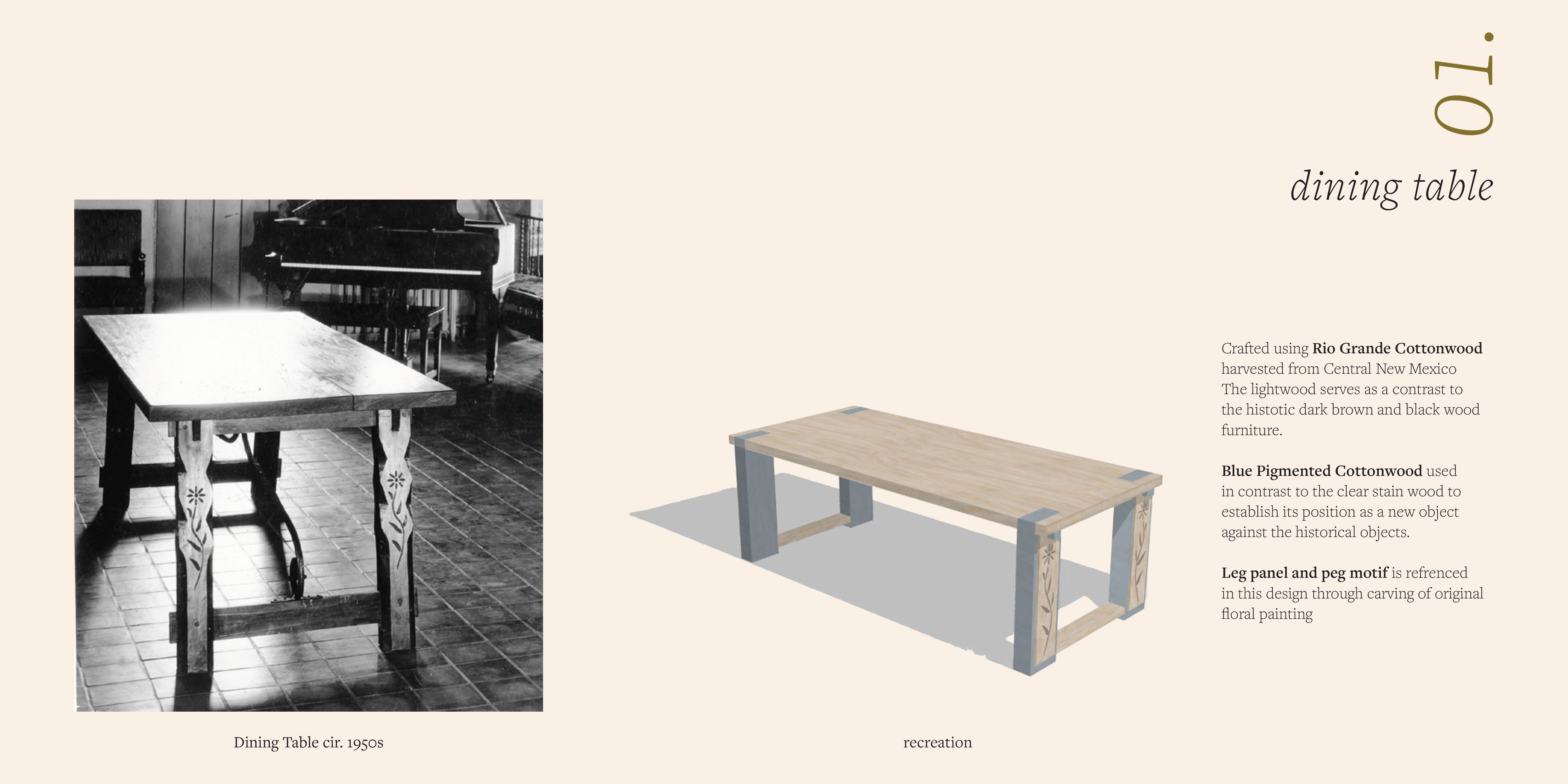 Historic table left: dark-stained wood with carved floral leg panels, sturdy trestle base, handcrafted detailing. Contemporary table right: light cottonwood with blue pigmented accents, clean rectangular form, simplified legs referencing traditional carved motifs.