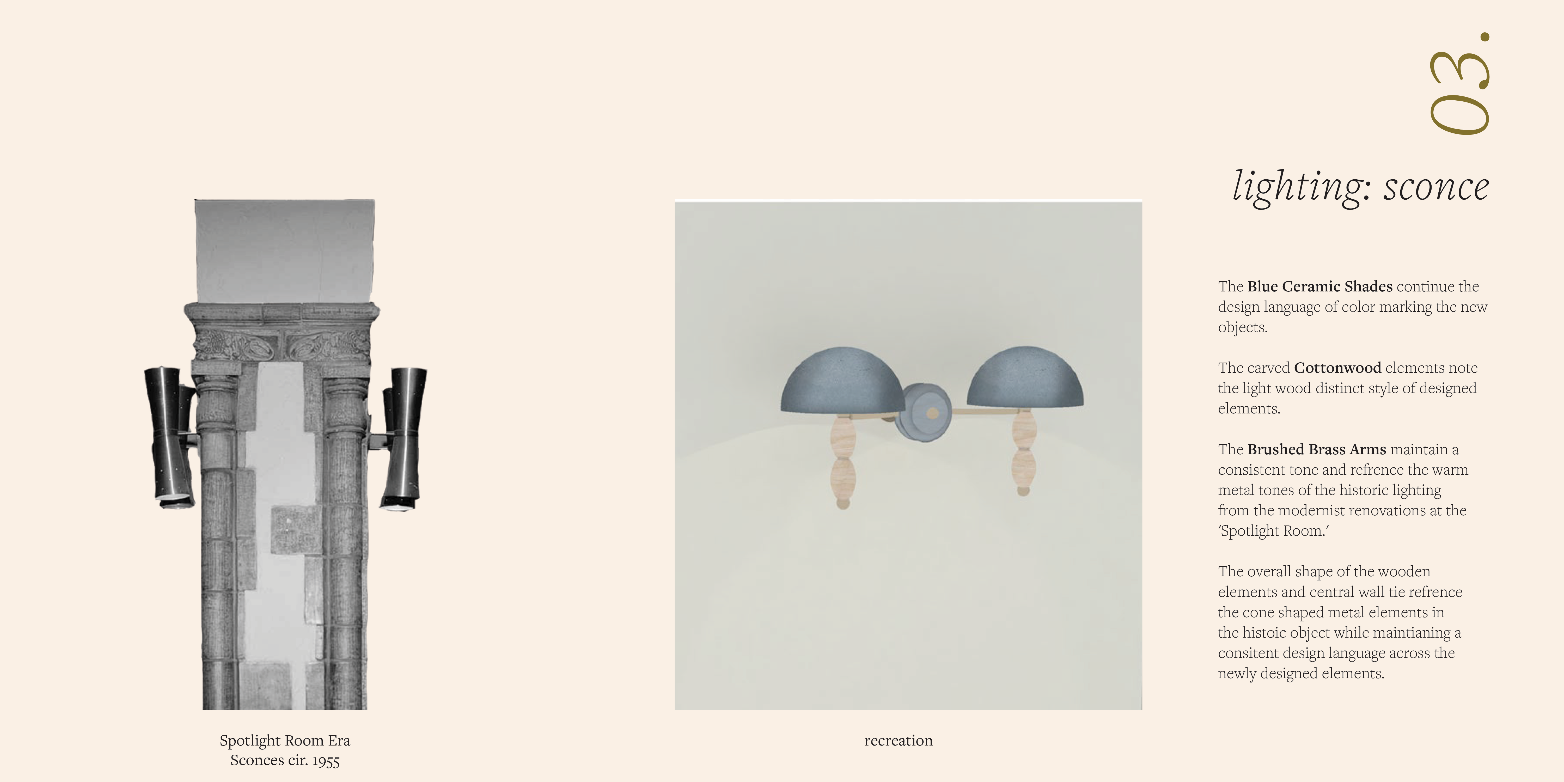 Two wall sconces: left, a historic stone setting with twin dark metal cone shades; right, a minimalist double sconce with blue dome shades, light wood accents, and a central round mount.