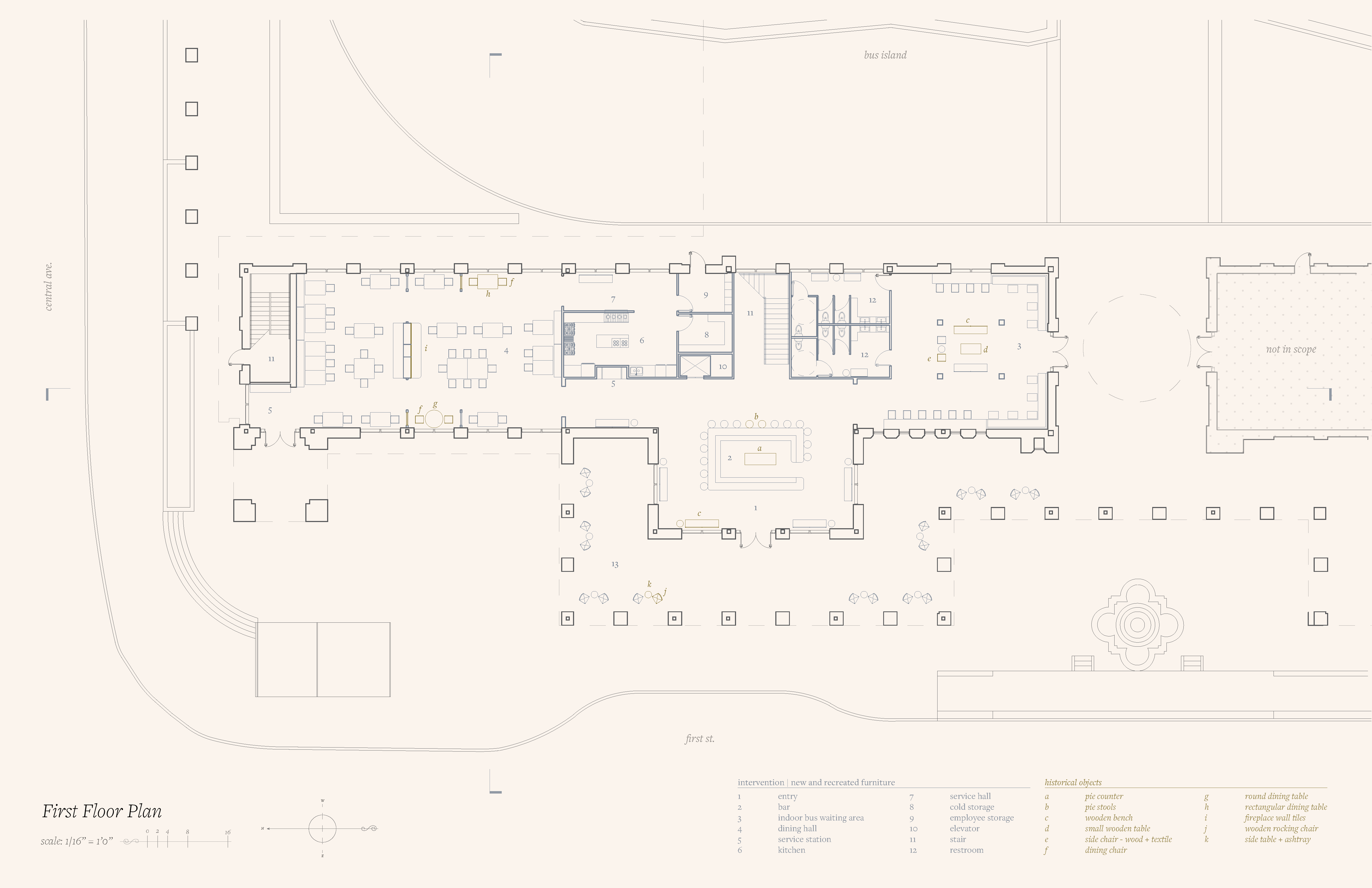 First-floor plan of a long rectangular building: central entry with bar, dining hall to left, bus waiting area to right, kitchen and service core centered, restrooms and circulation behind, outdoor seating along front plaza.