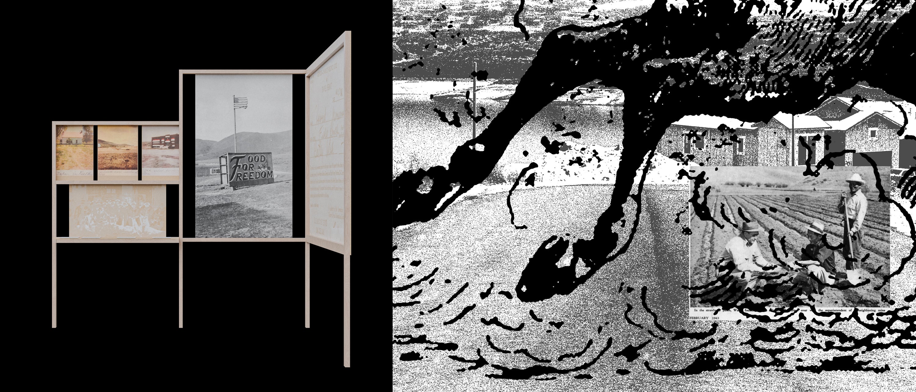 3D render of an installation proposal juxtaposing preserved archival rural photographs with distorted, high-contrast versions of the same images.