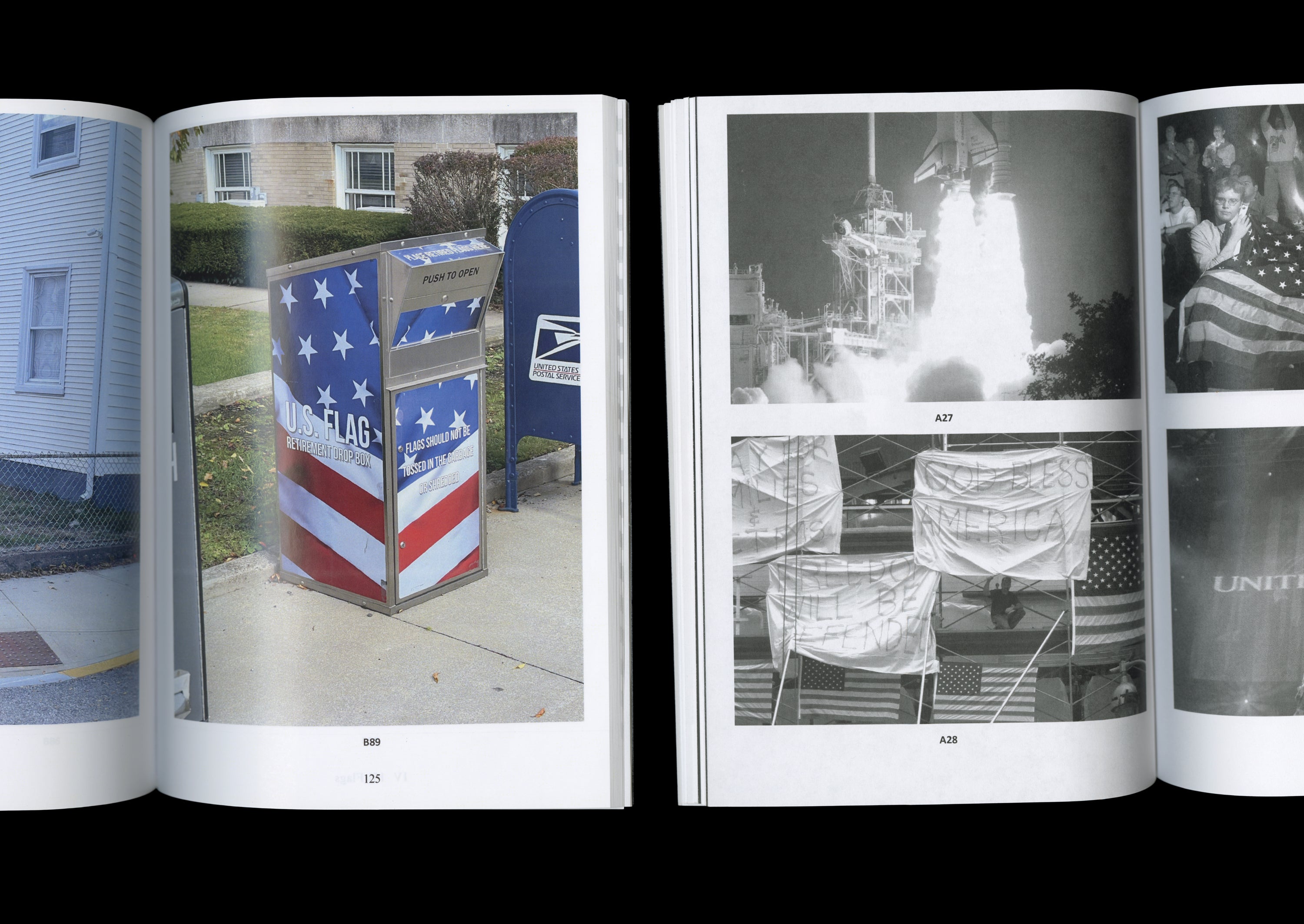 Publication pages showing contemporary color photograph of patriotic mailbox alongside archival black and white images of new york city following 9/11, a vigil, and a space shuttle taking off.